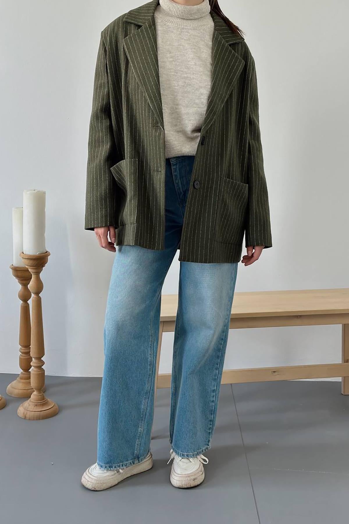 Haki Çizgili Oversize Ceket