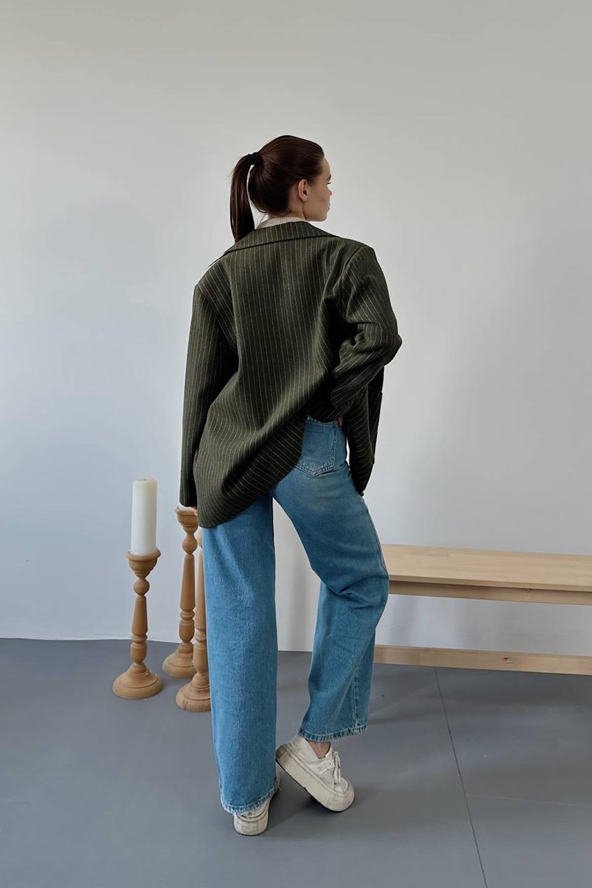 Toptan Haki Çizgili Oversize Ceket