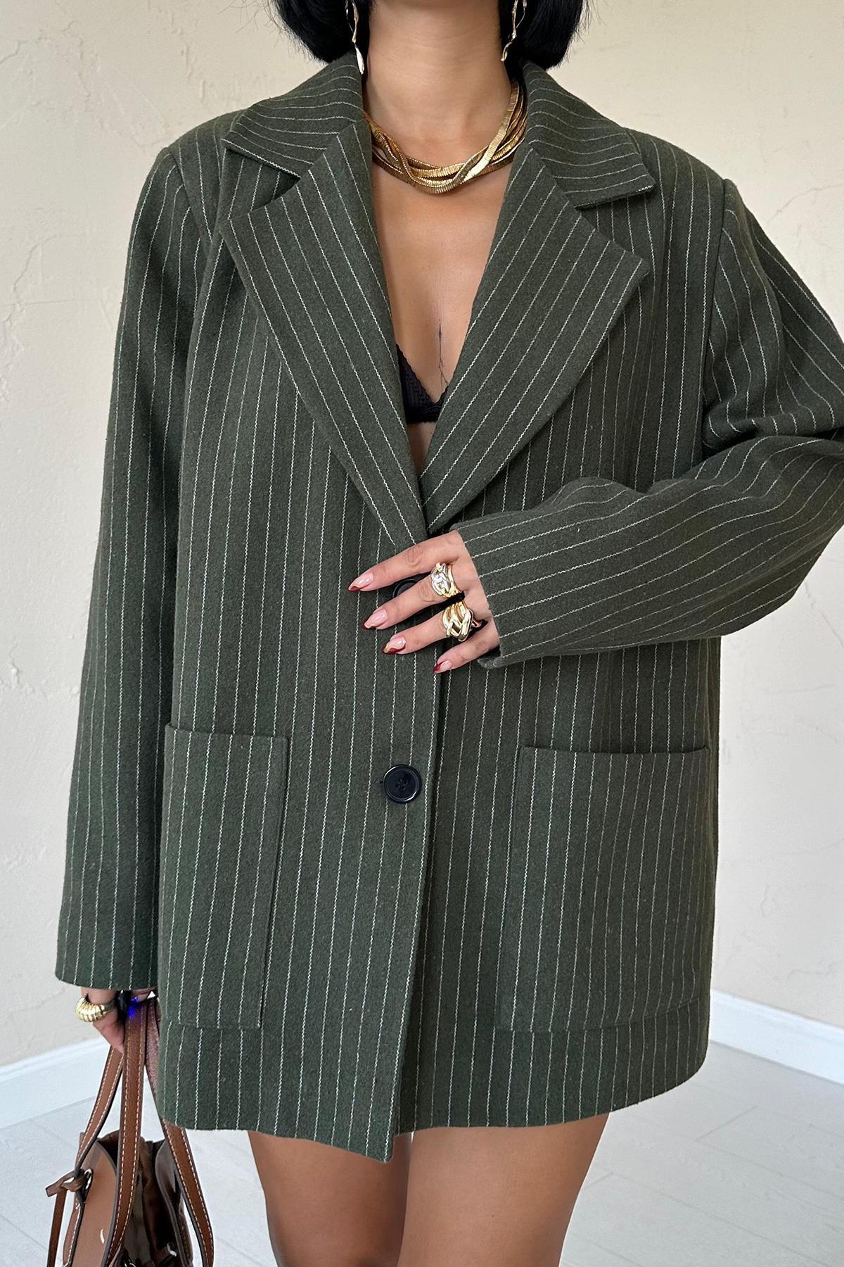 Toptan Haki Çizgili Oversize Ceket