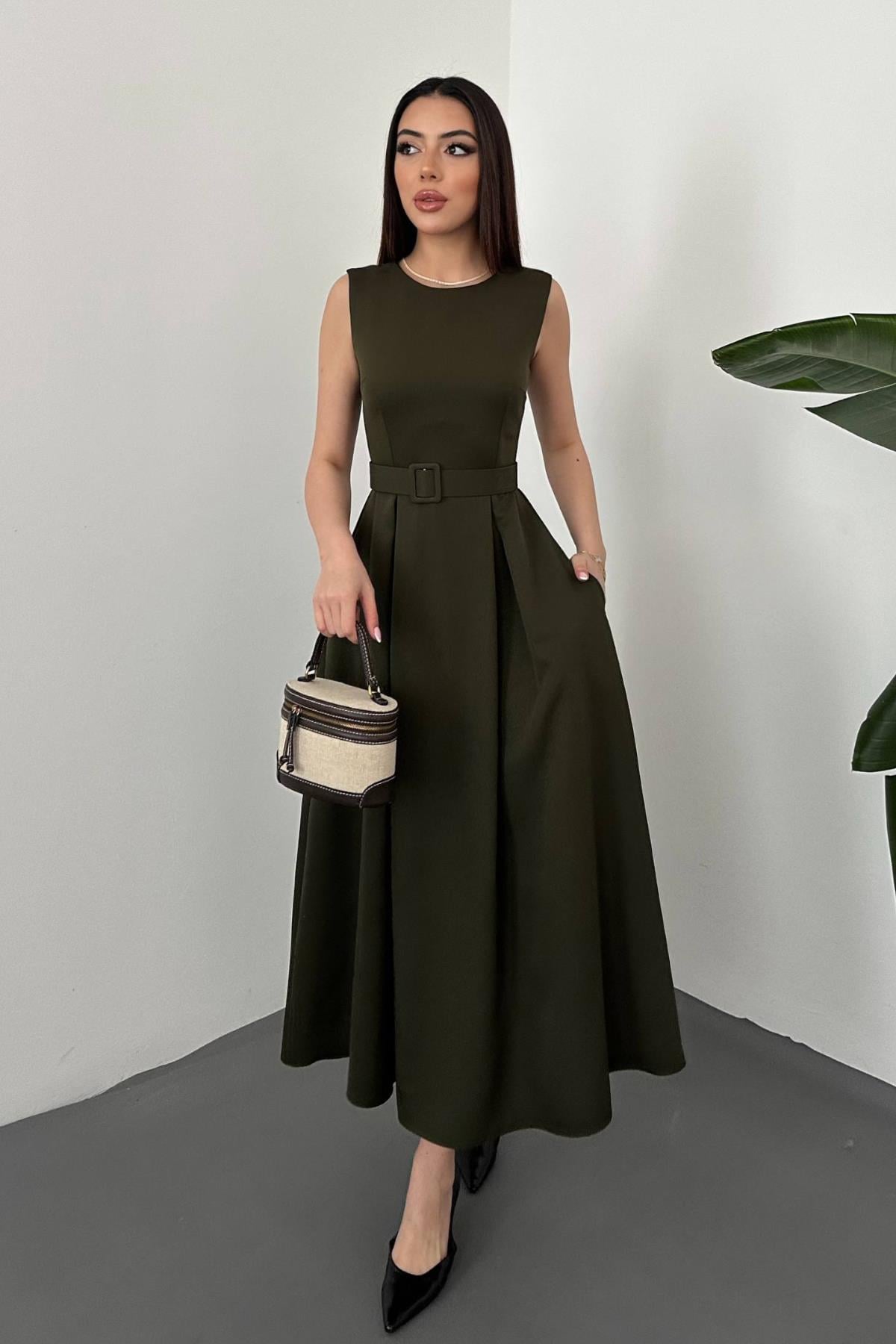 Haki Halter Yaka Kloş Elbise