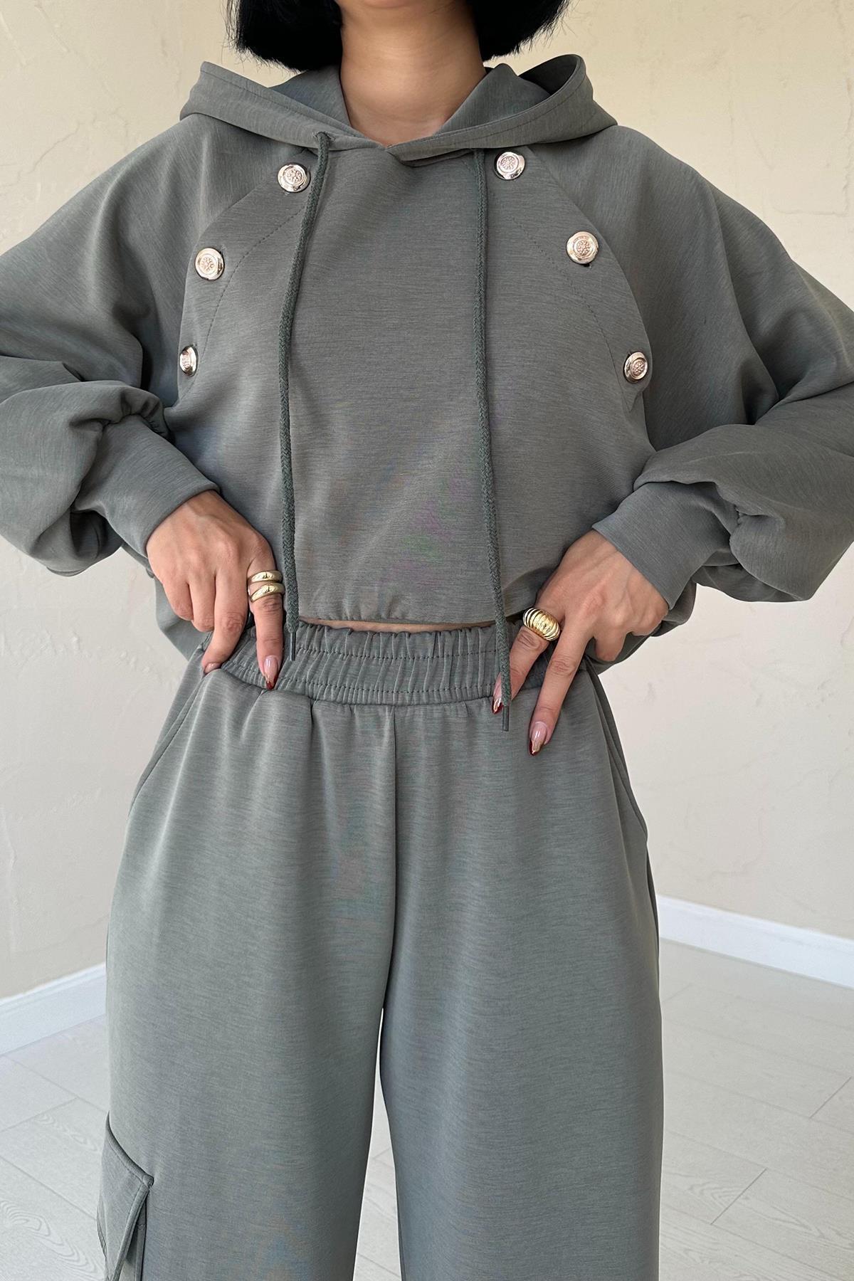 Toptan Haki Kapüşonlu Sweatshirt Ve Kargo Pantolon Takım