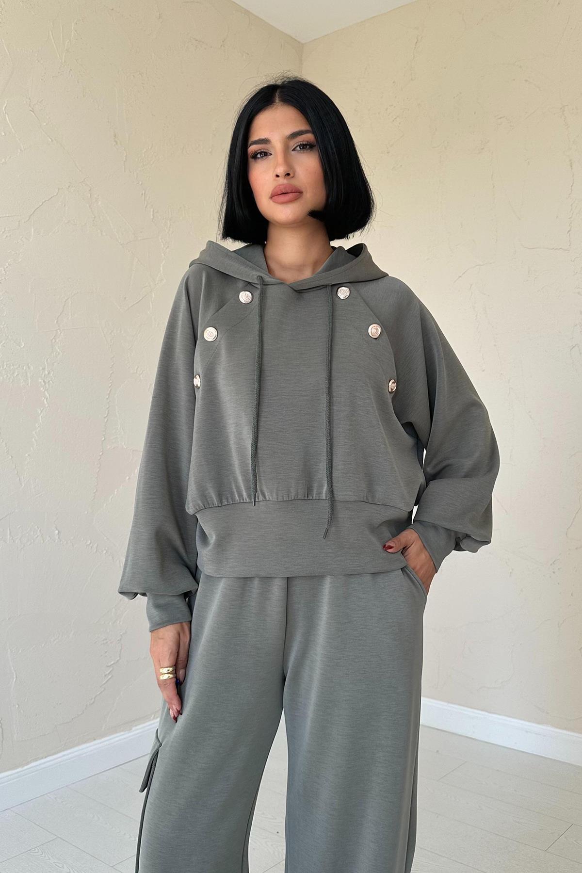 Toptan Haki Kapüşonlu Sweatshirt Ve Kargo Pantolon Takım