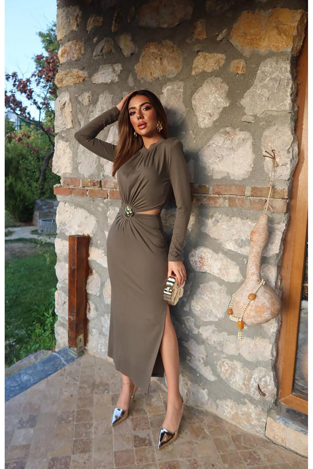 Haki Pencere Detaylı Büzgülü Elbise