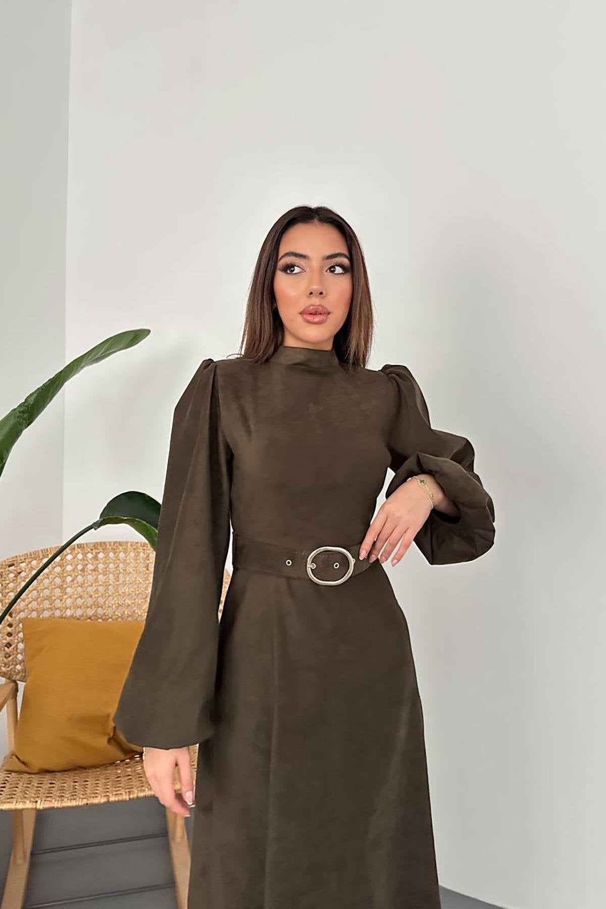 Toptan Haki Toka Detaylı Kemerli Elbise