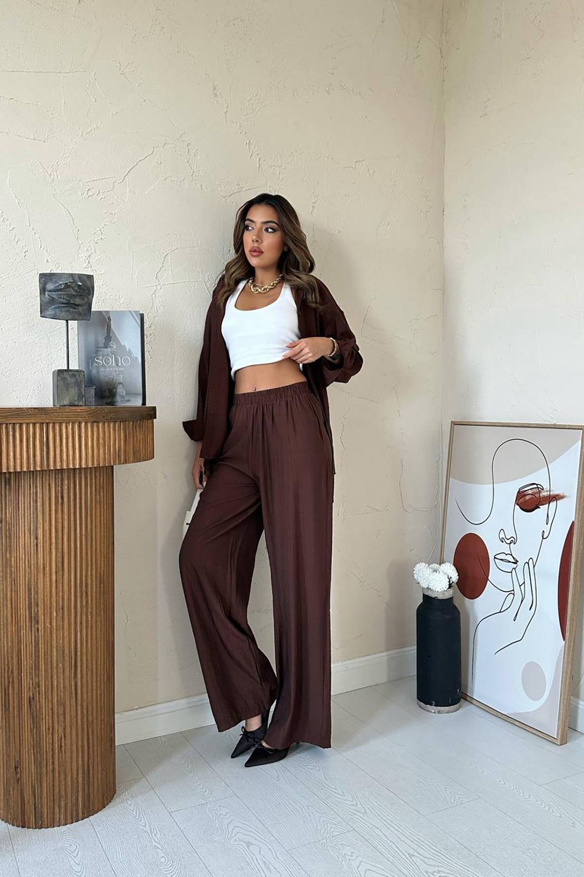 Toptan Kahverengi Alice Gömlek Ve Bol Kesim Pantolon Takım