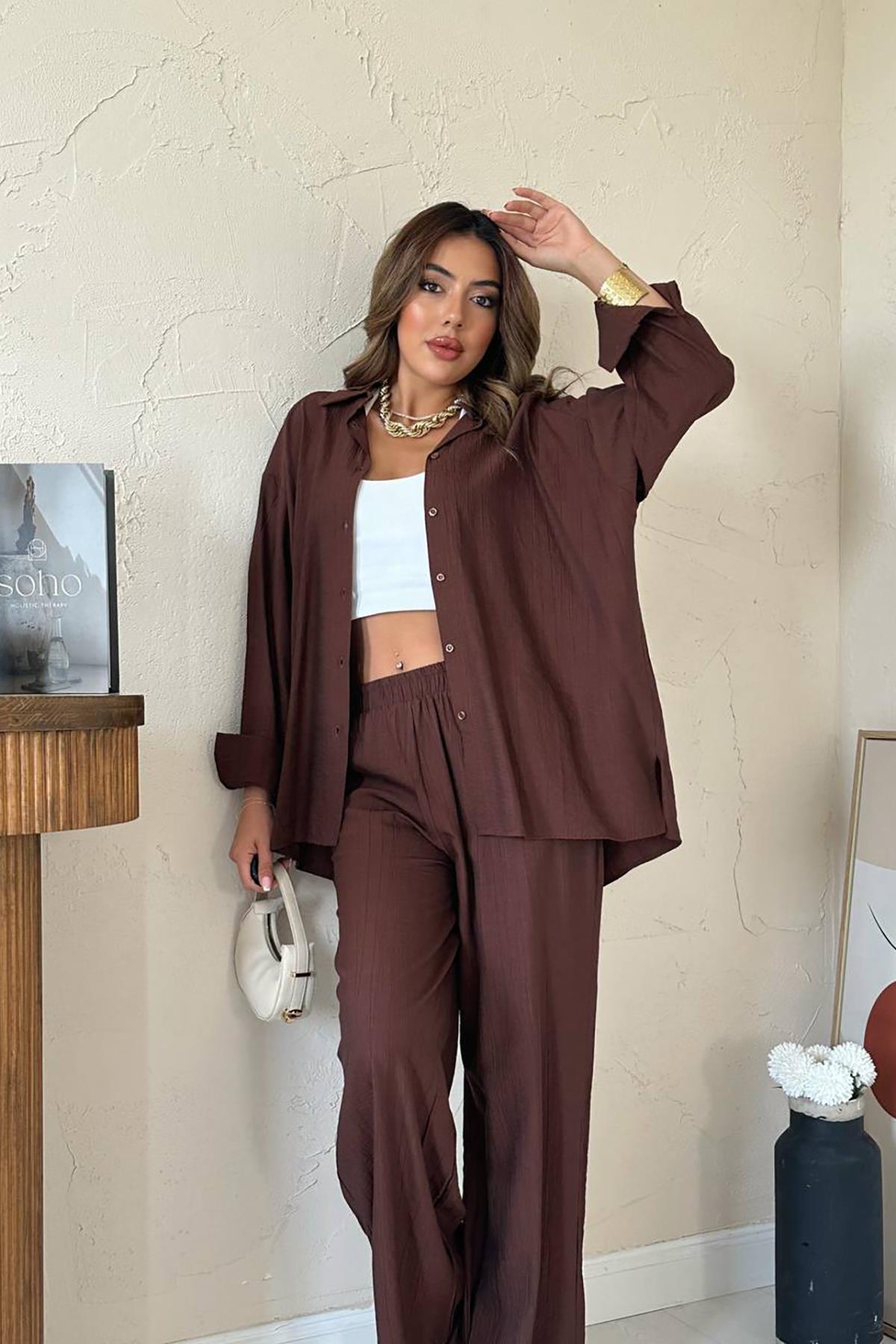 Toptan Kahverengi Alice Gömlek Ve Bol Kesim Pantolon Takım