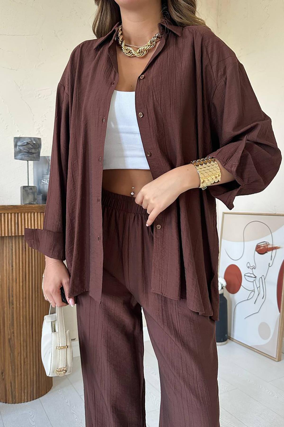 Toptan Kahverengi Alice Gömlek Ve Bol Kesim Pantolon Takım