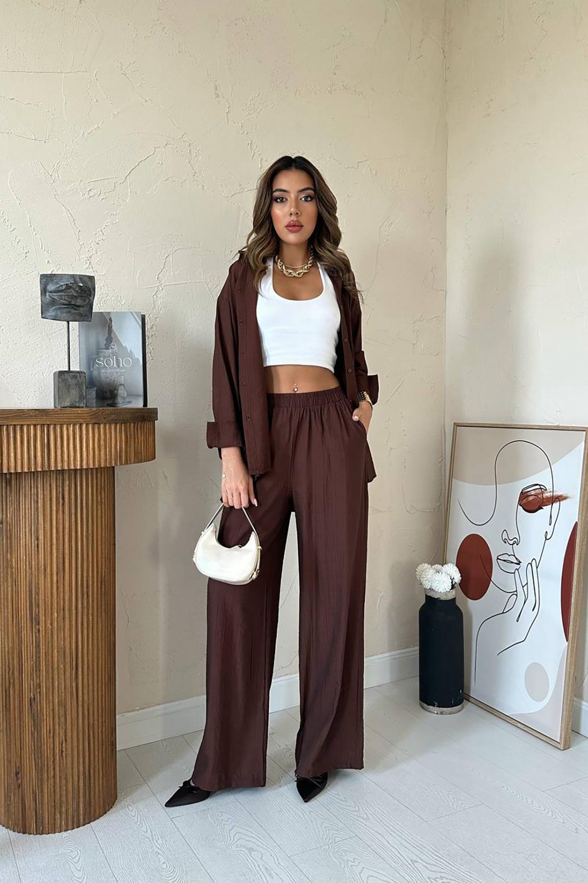 Toptan Kahverengi Alice Gömlek Ve Bol Kesim Pantolon Takım Kahverengi L