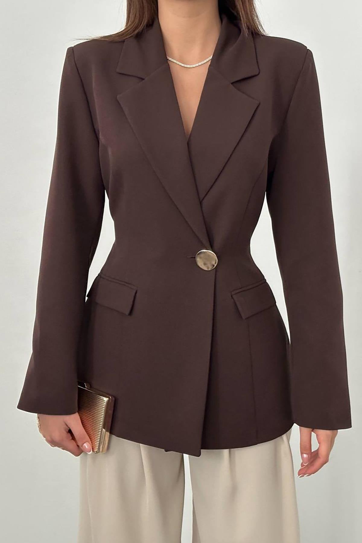 Toptan Kahverengi Belden Oturtmalı Blazer Ceket