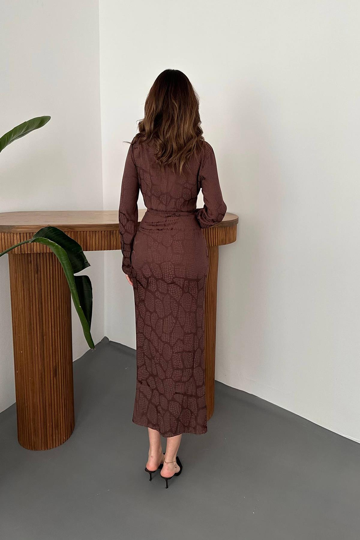 Toptan Kahverengi Büzgülü Gömlek Elbise