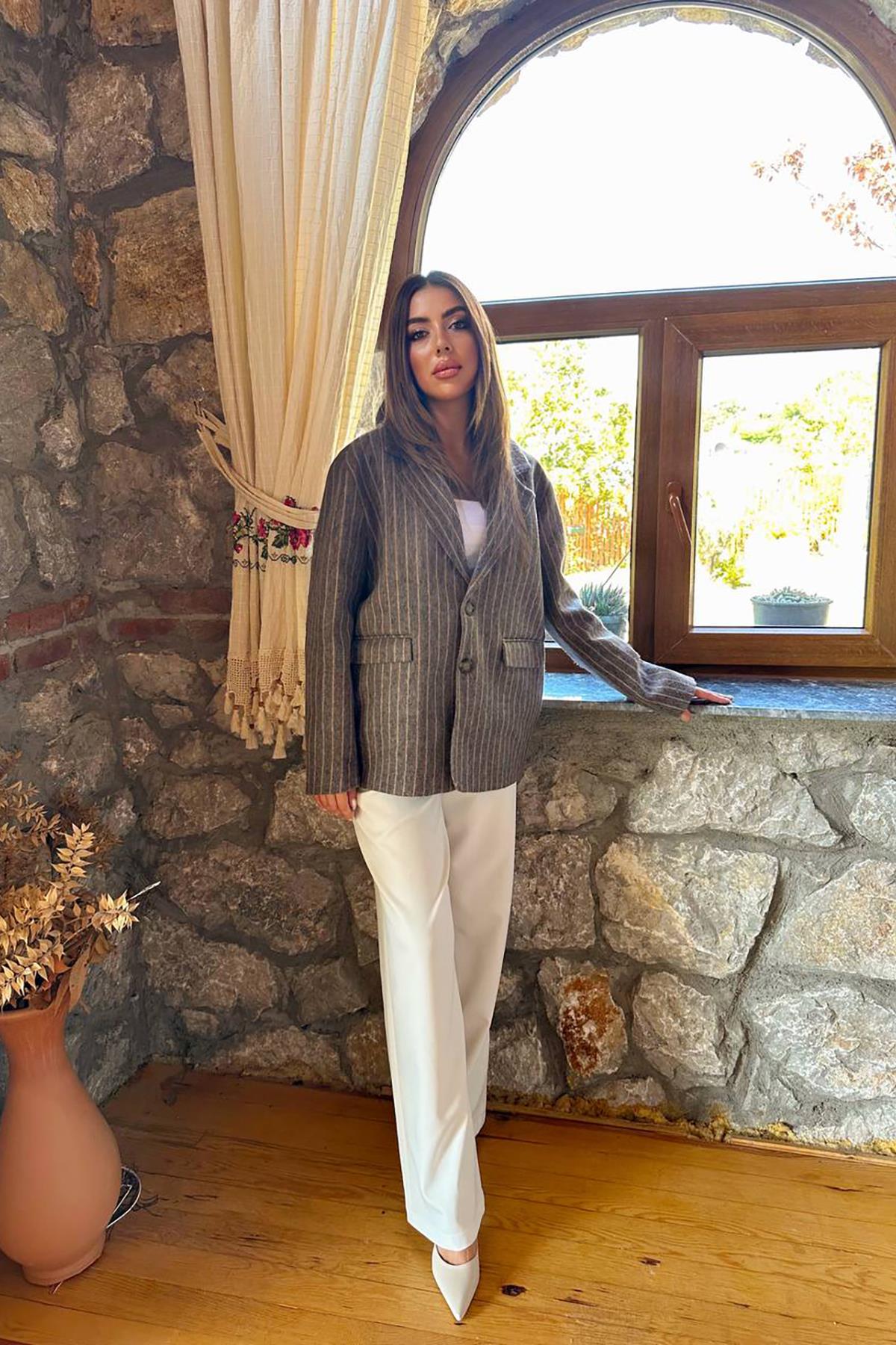 Toptan Kahverengi Çizgili Yün Ceket Kahverengi L