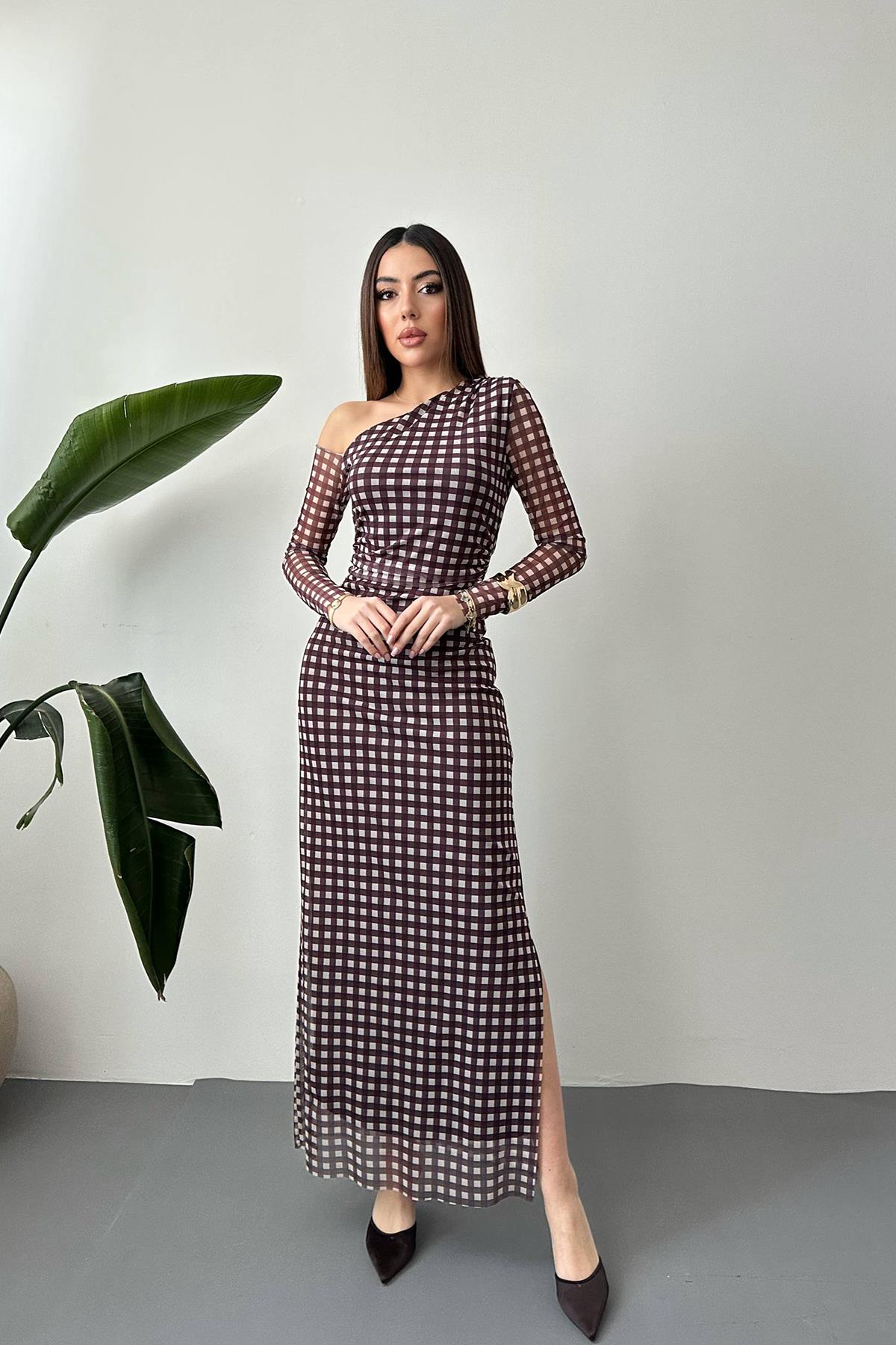 Toptan Kahverengi Ekose Desen Tül Elbise Kahverengi L