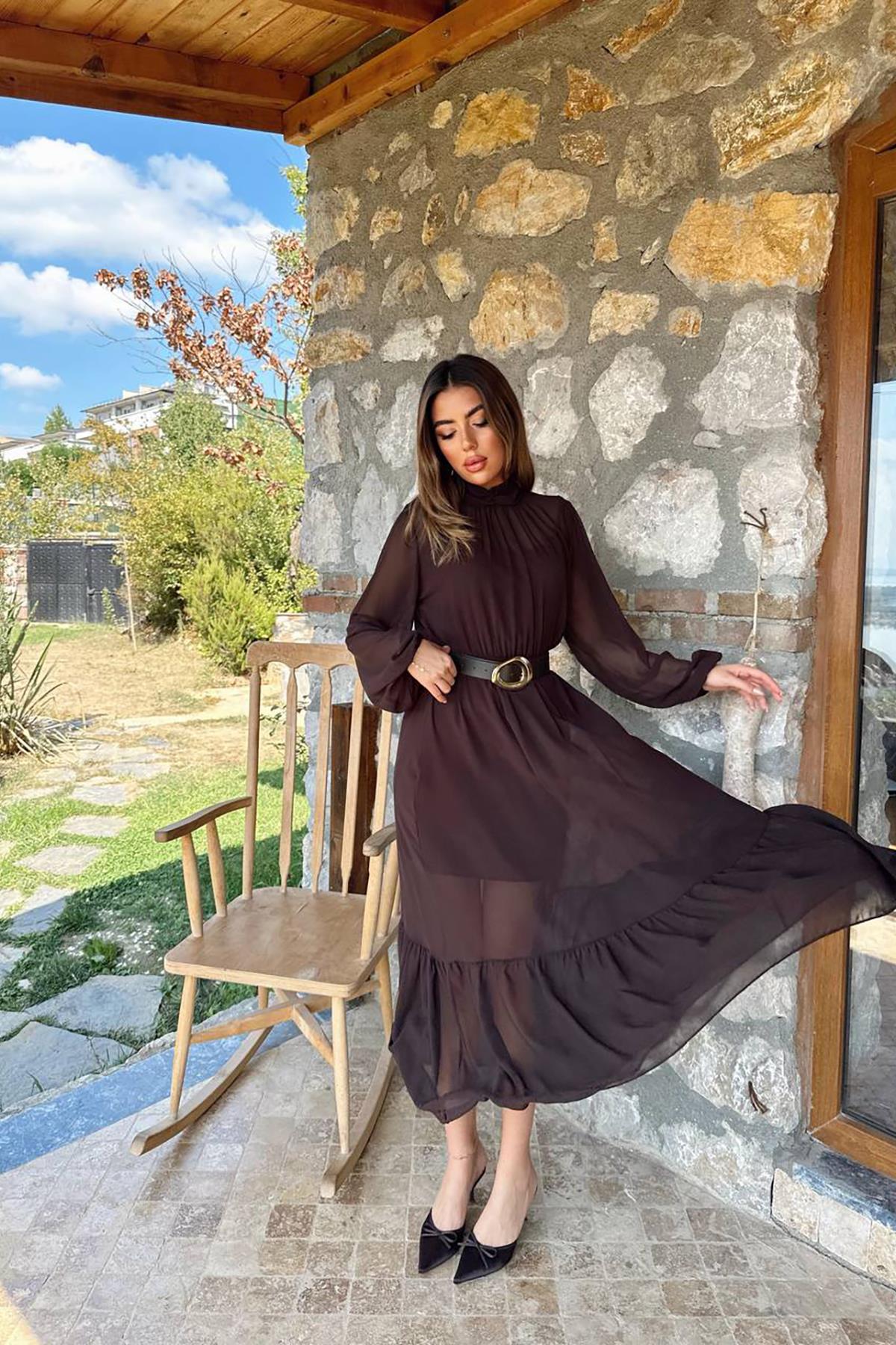 Toptan Kahverengi Eteği Fırfırlı Şifon Elbise Kahverengi L