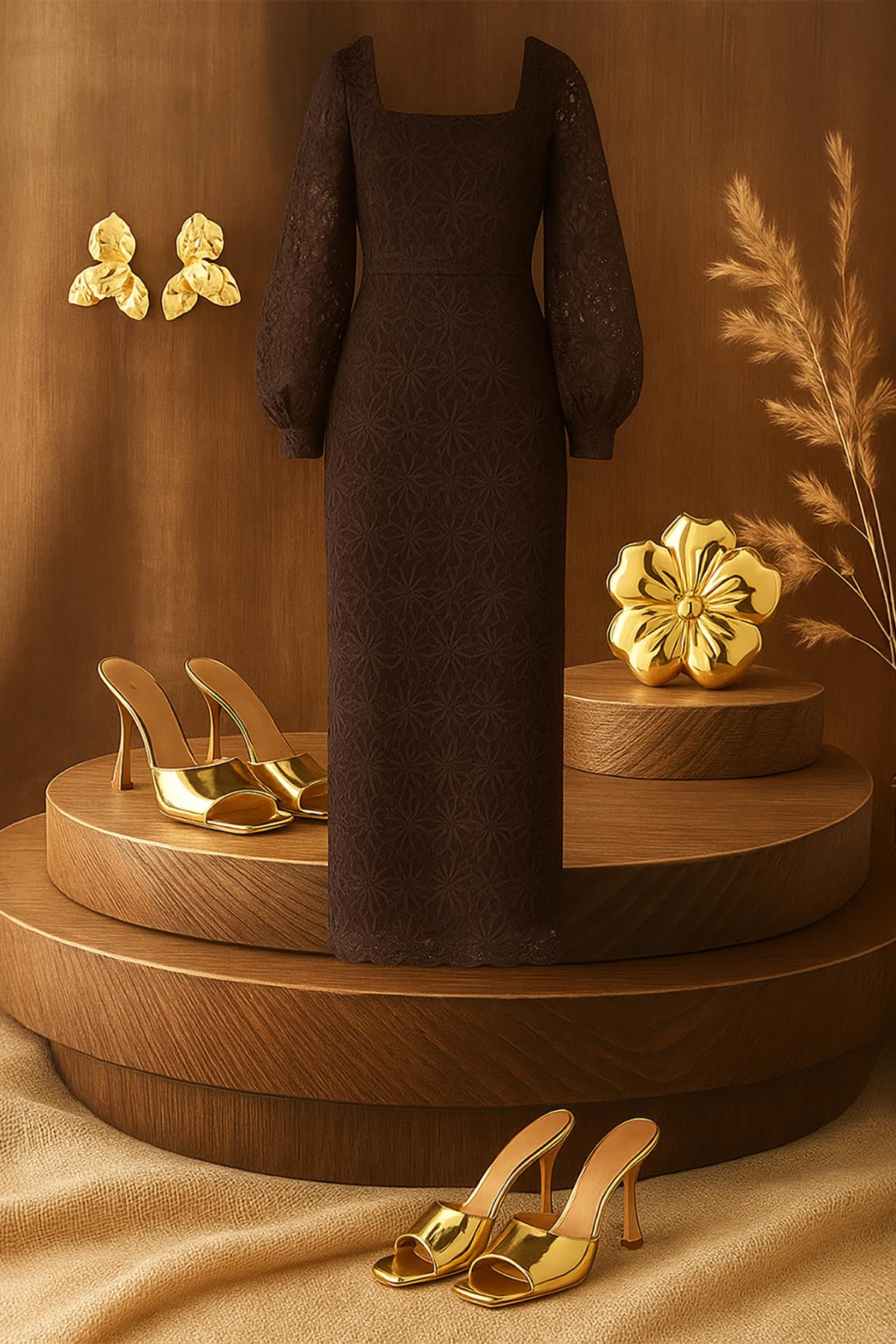 Toptan Kahverengi Güpür Detaylı Dantel Elbise