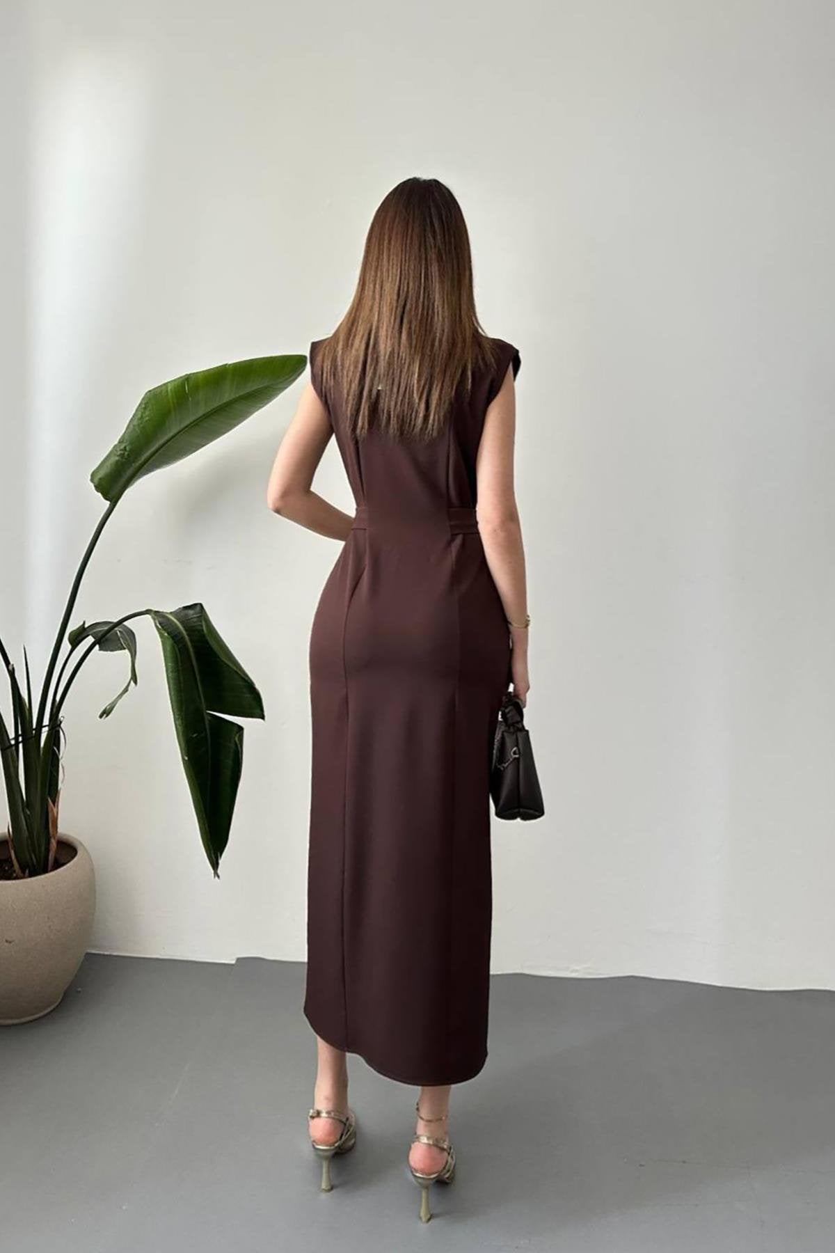 Toptan Kahverengi Kemer Aksesuarlı Atlas Elbise