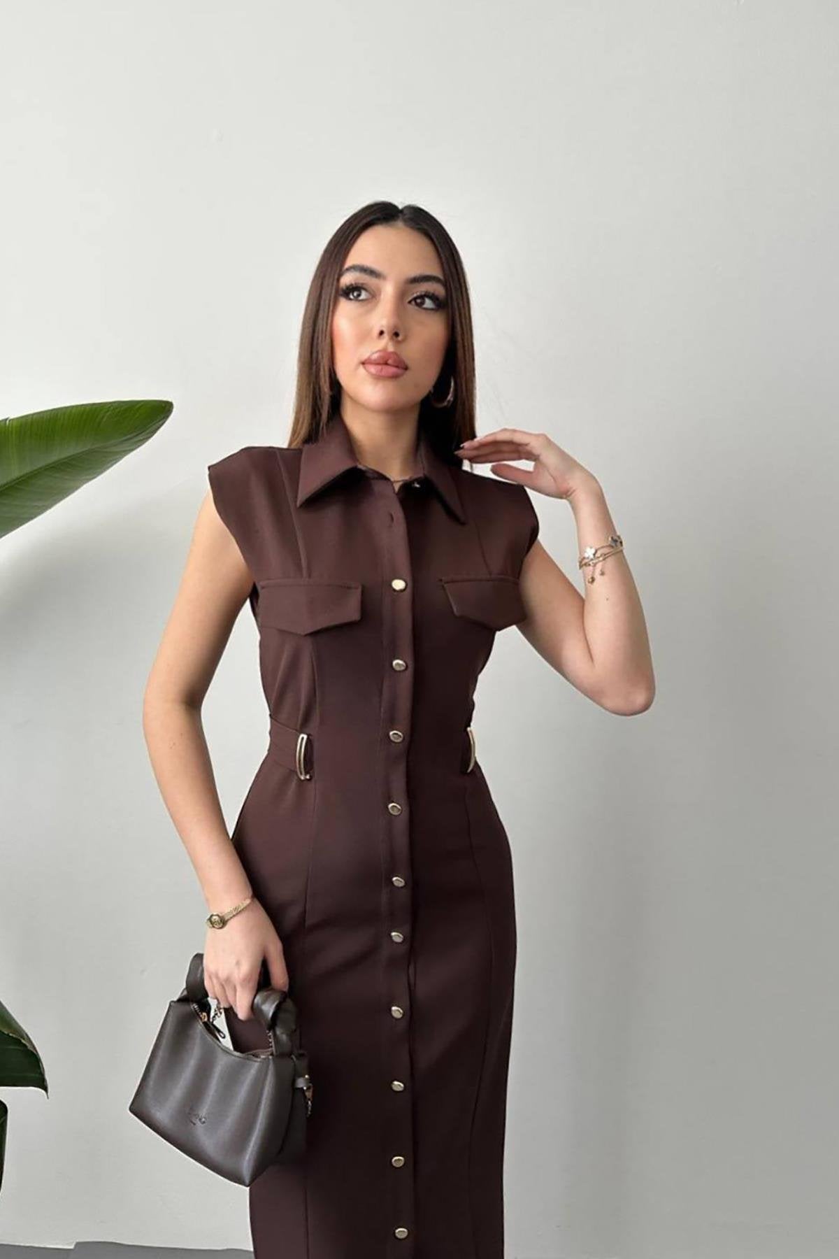 Toptan Kahverengi Kemer Aksesuarlı Atlas Elbise