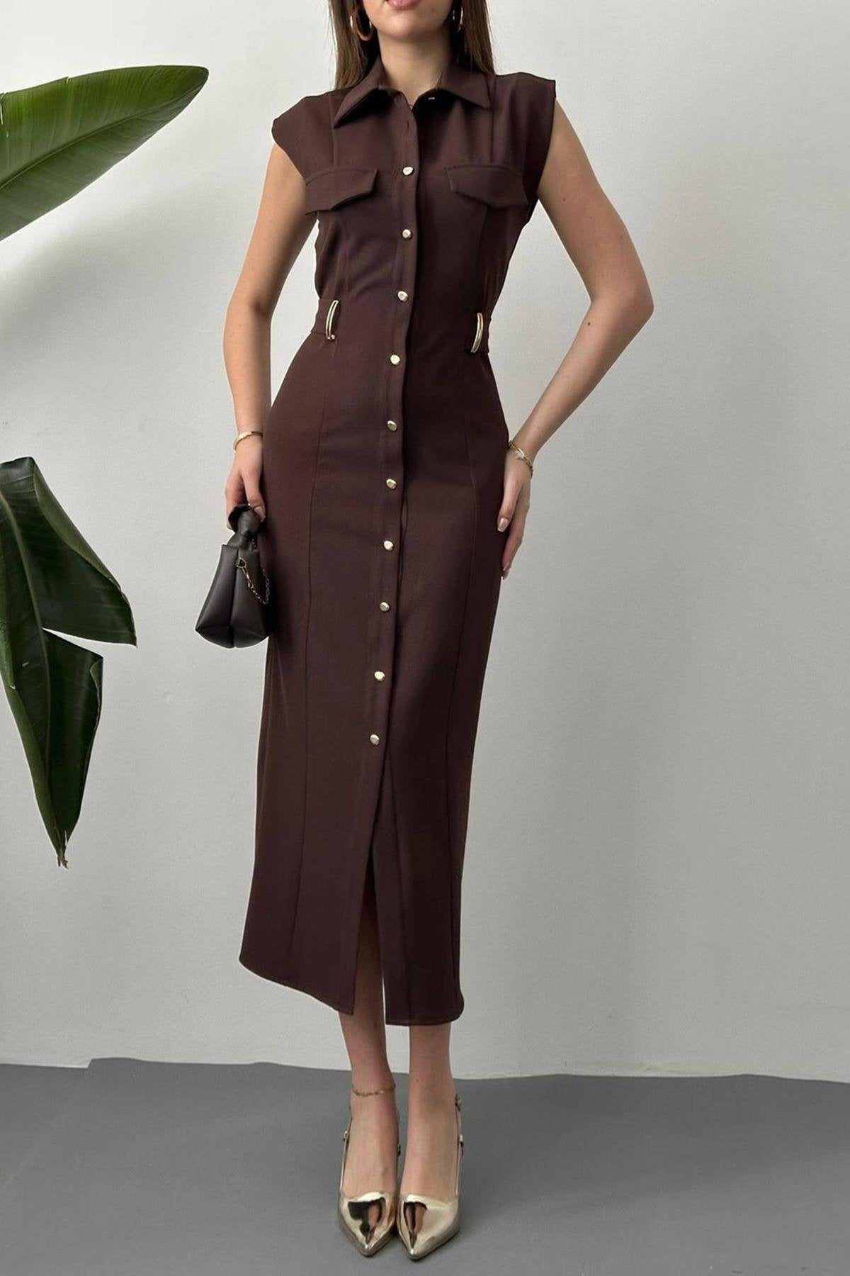 Toptan Kahverengi Kemer Aksesuarlı Atlas Elbise