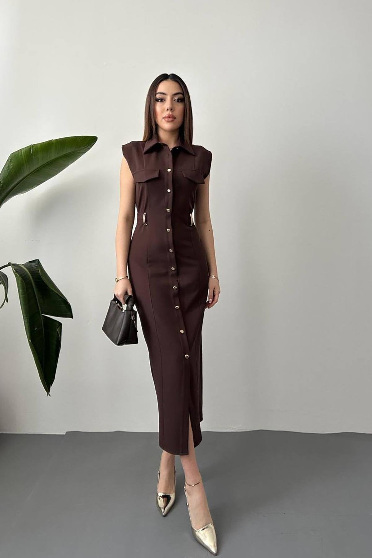 Toptan Kahverengi Kemer Aksesuarlı Atlas Elbise Kahverengi L