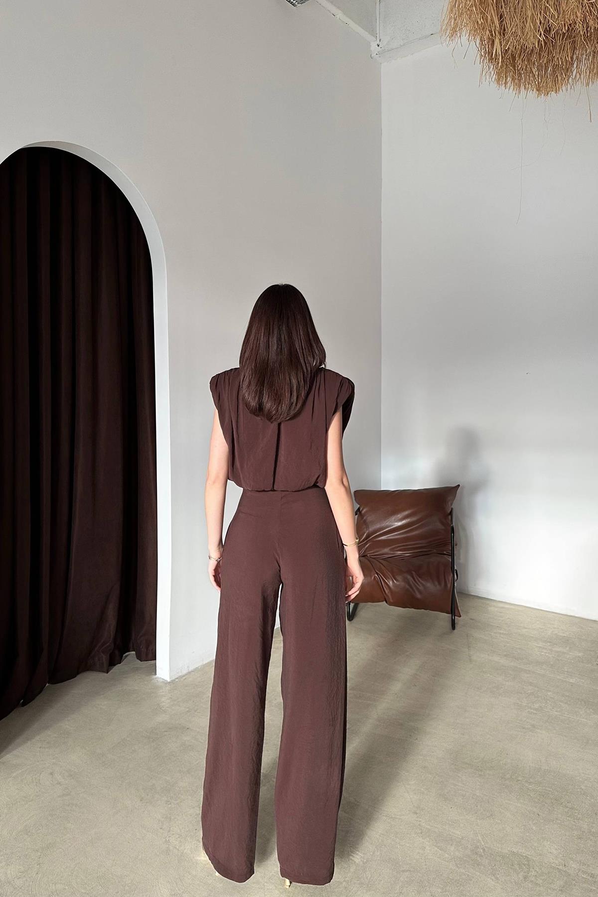 Toptan Kahverengi Modal Bluz Ve Pantolon Takım