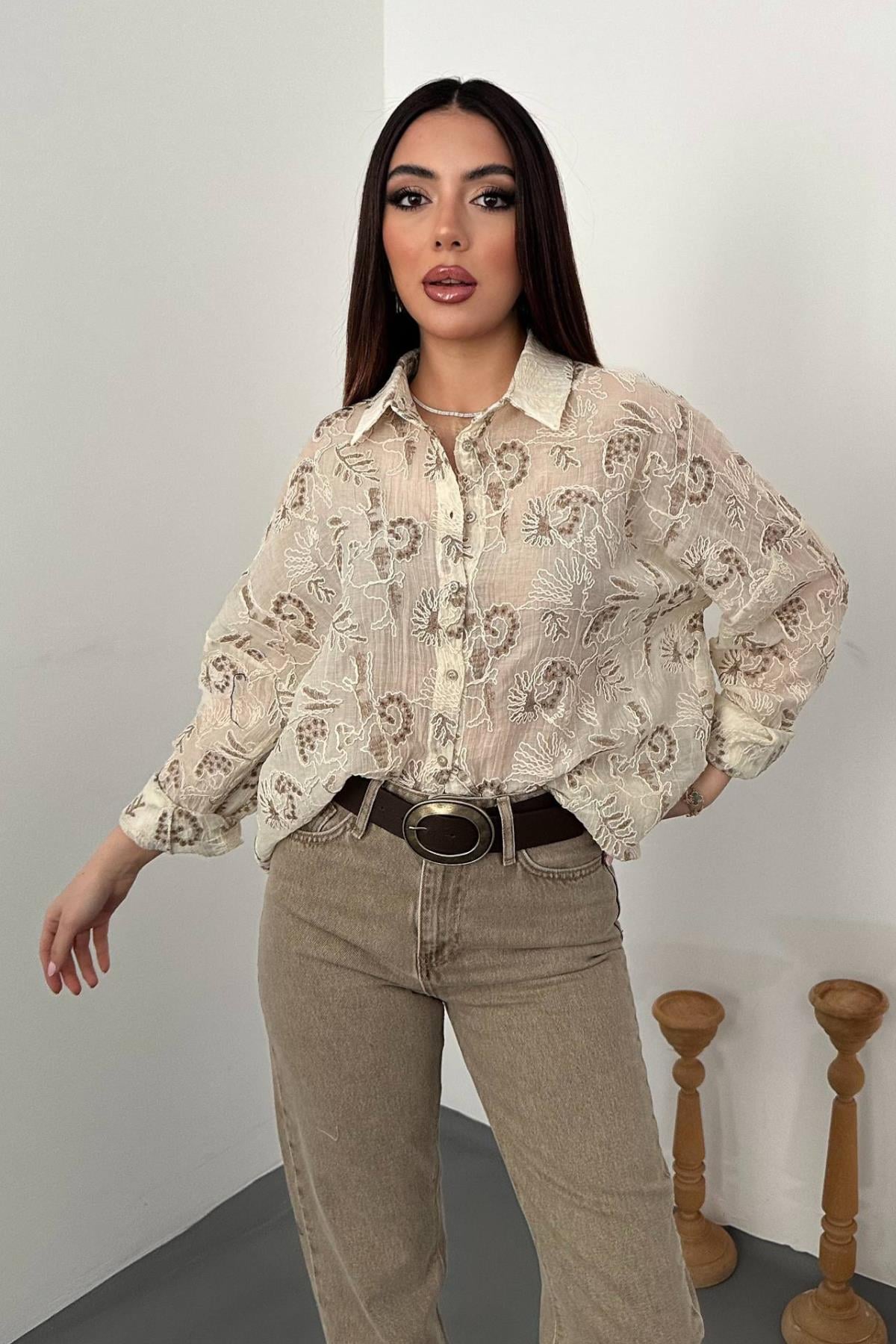 Kahverengi Nakışlı Oversize Gömlek