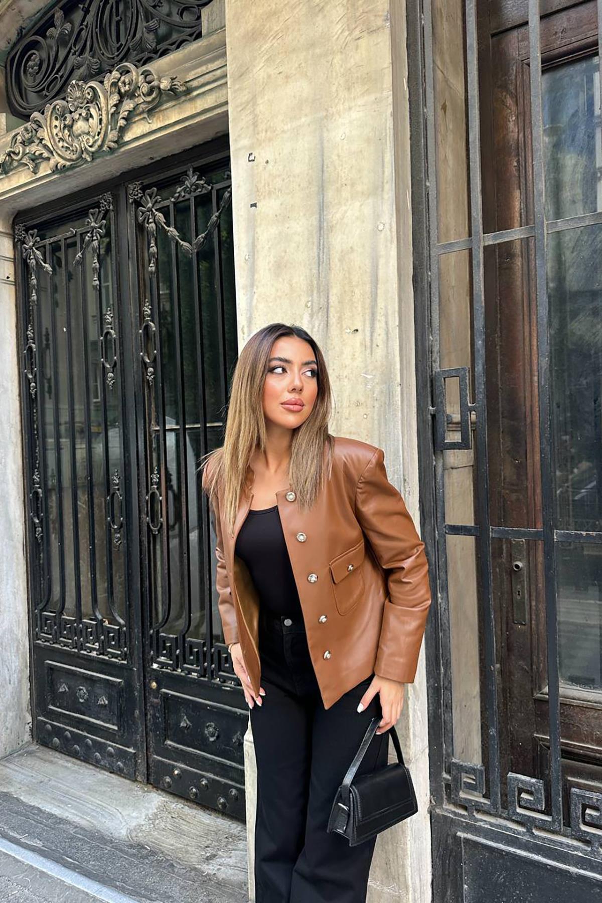 Toptan Kahverengi Önü Düğme Kapamalı Deri Ceket