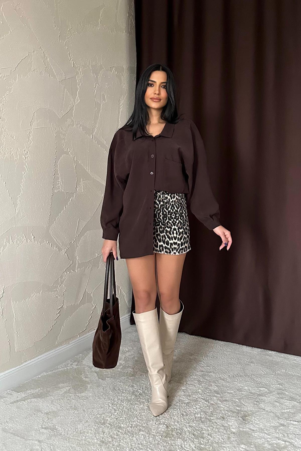 Toptan Kahverengi Salaş Gömlek Kahverengi L