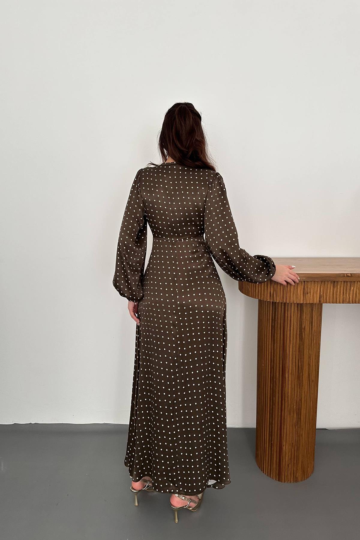 Toptan Kahverengi Saten Puantiyeli Dantel Detaylı Elbise