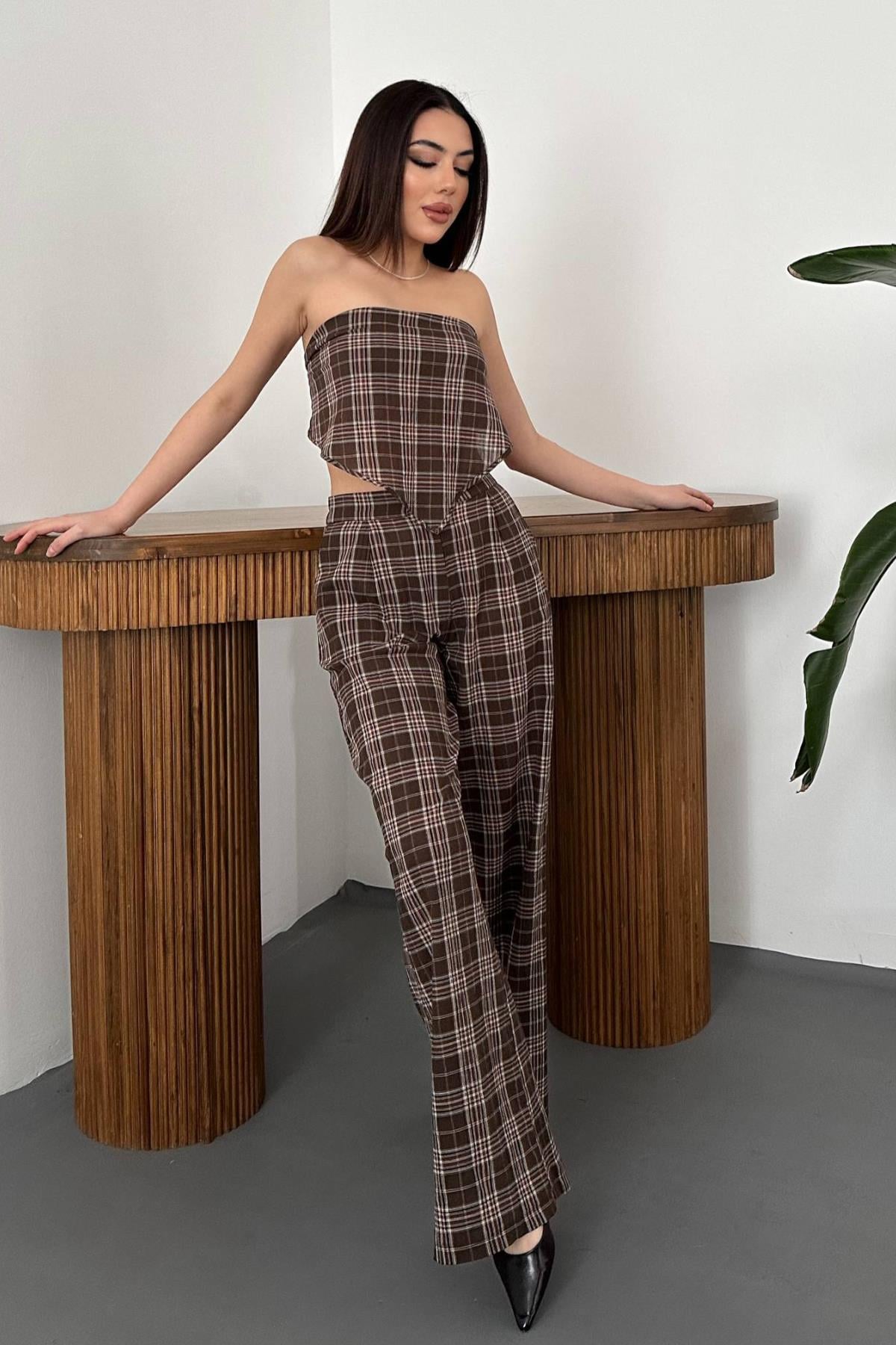 Toptan Kahverengi Yandan Bağlamalı Kuşaklı Pantolon