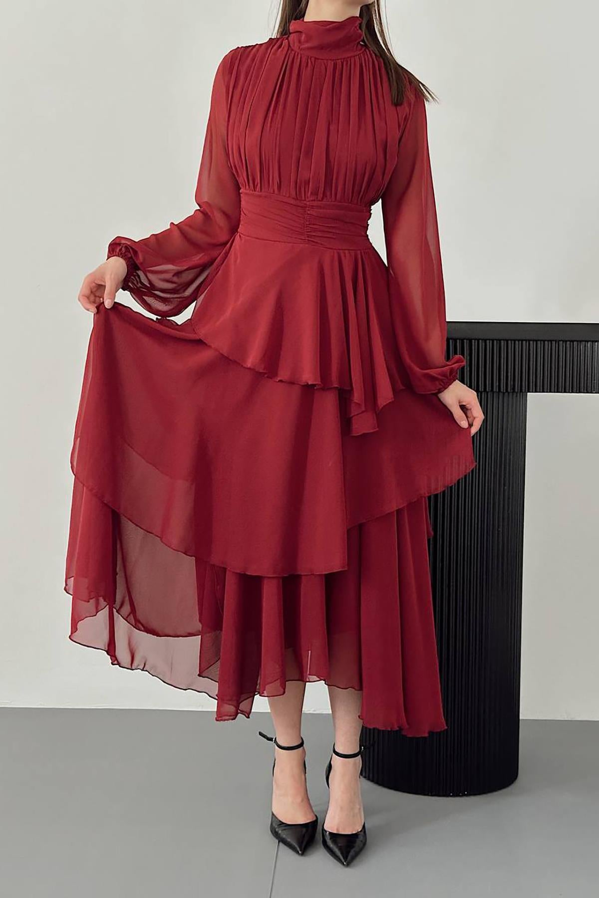 Toptan Kırmızı Bel Detaylı Elbise