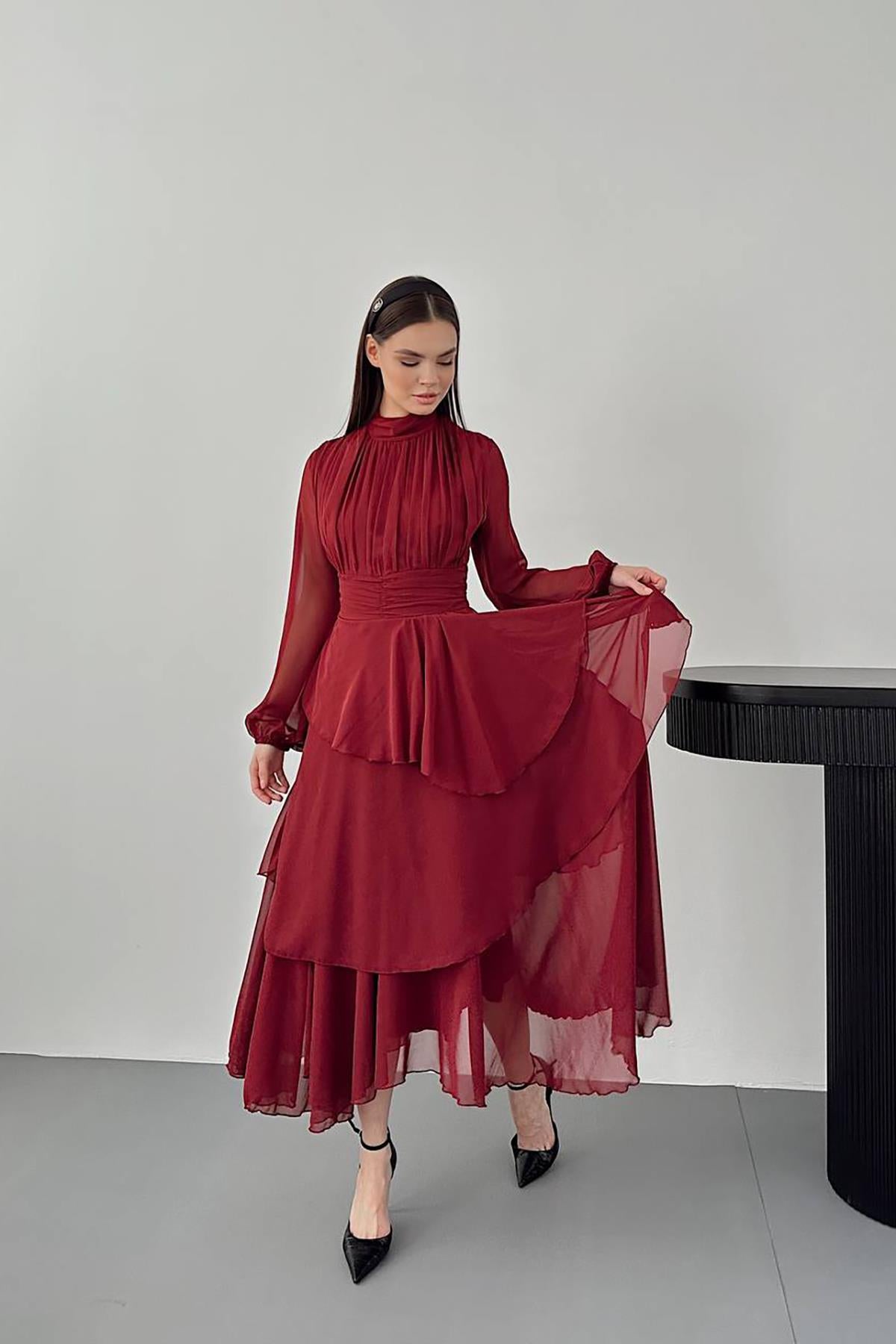 Toptan Kırmızı Bel Detaylı Elbise