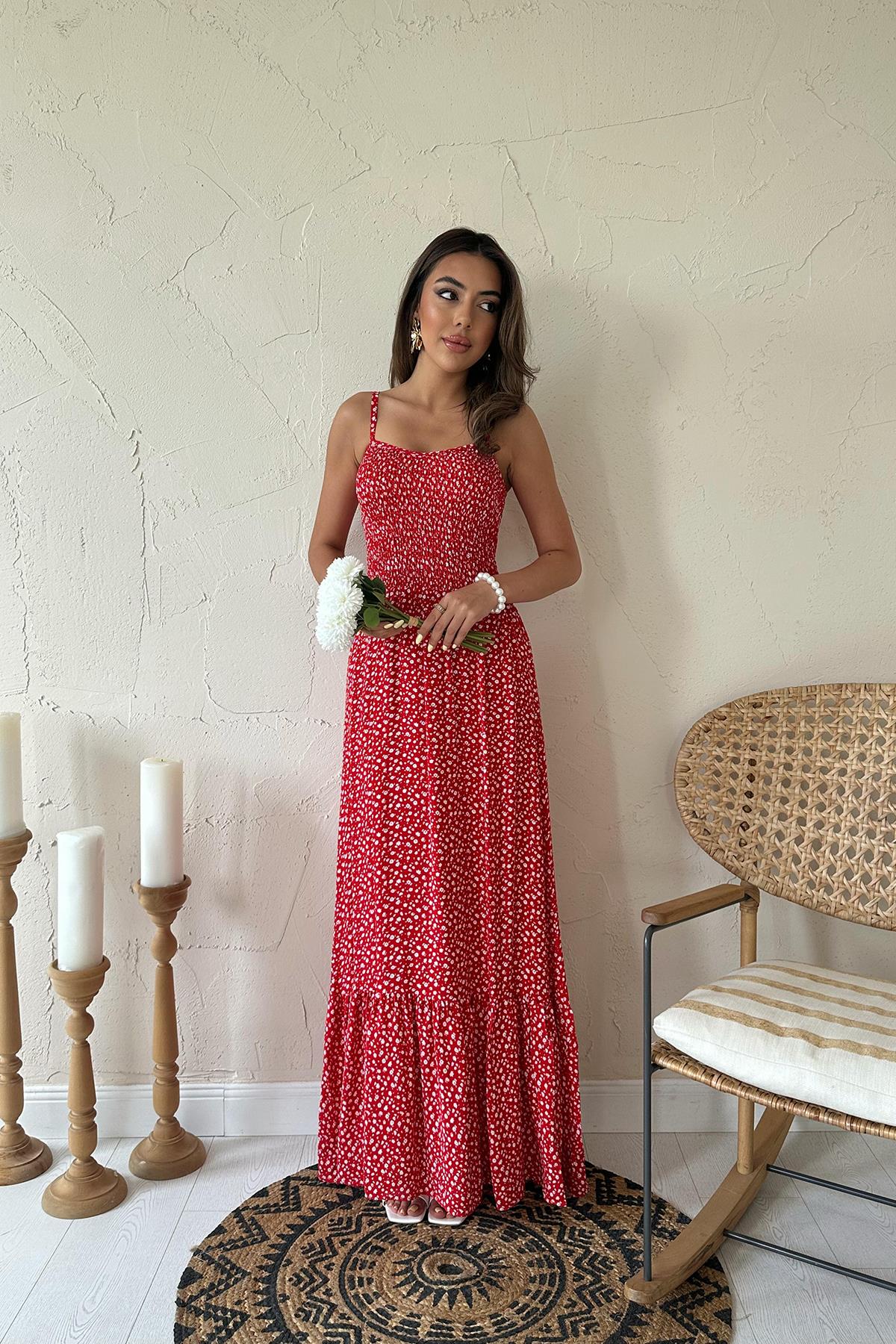 Toptan Kırmızı Eteği Fırfırlı Elbise