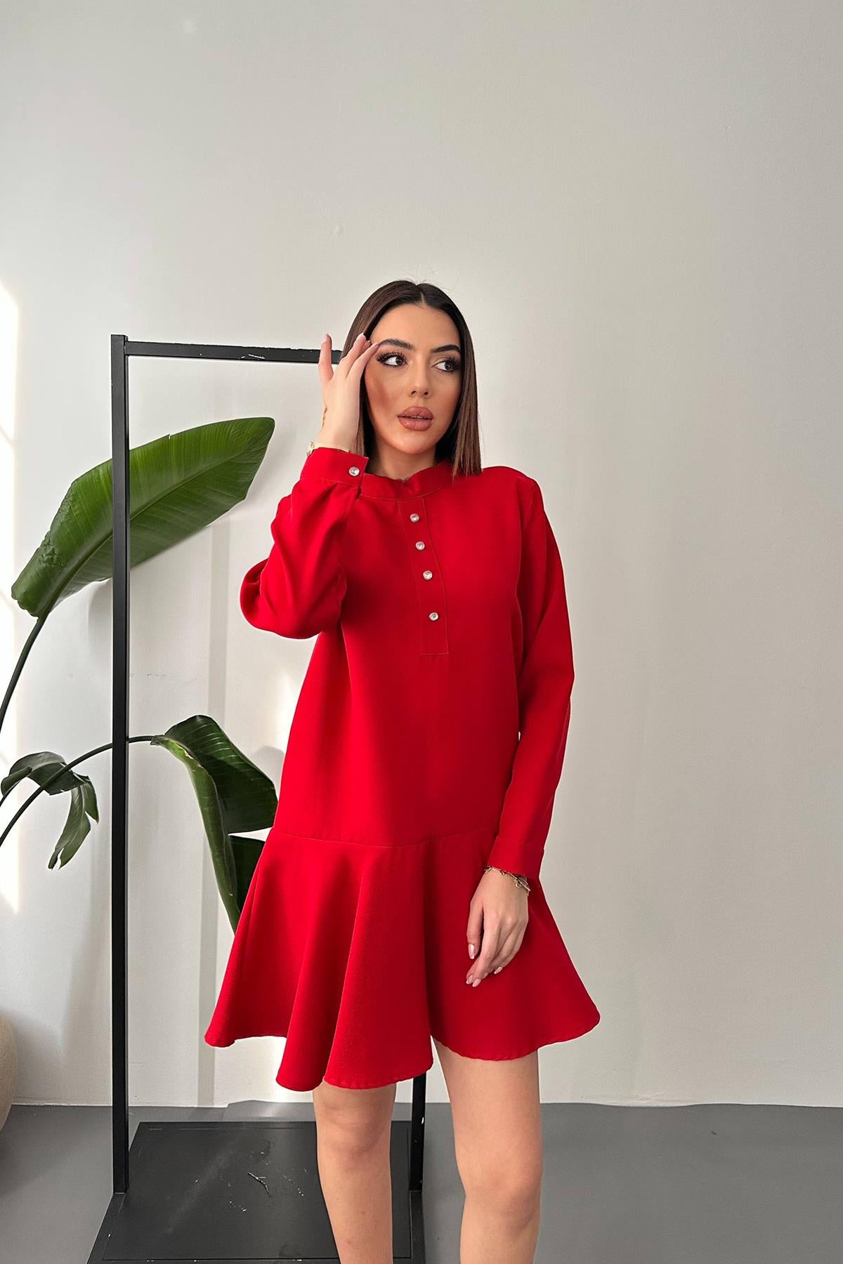 Toptan Kırmızı Klasik Düz Mini Elbise