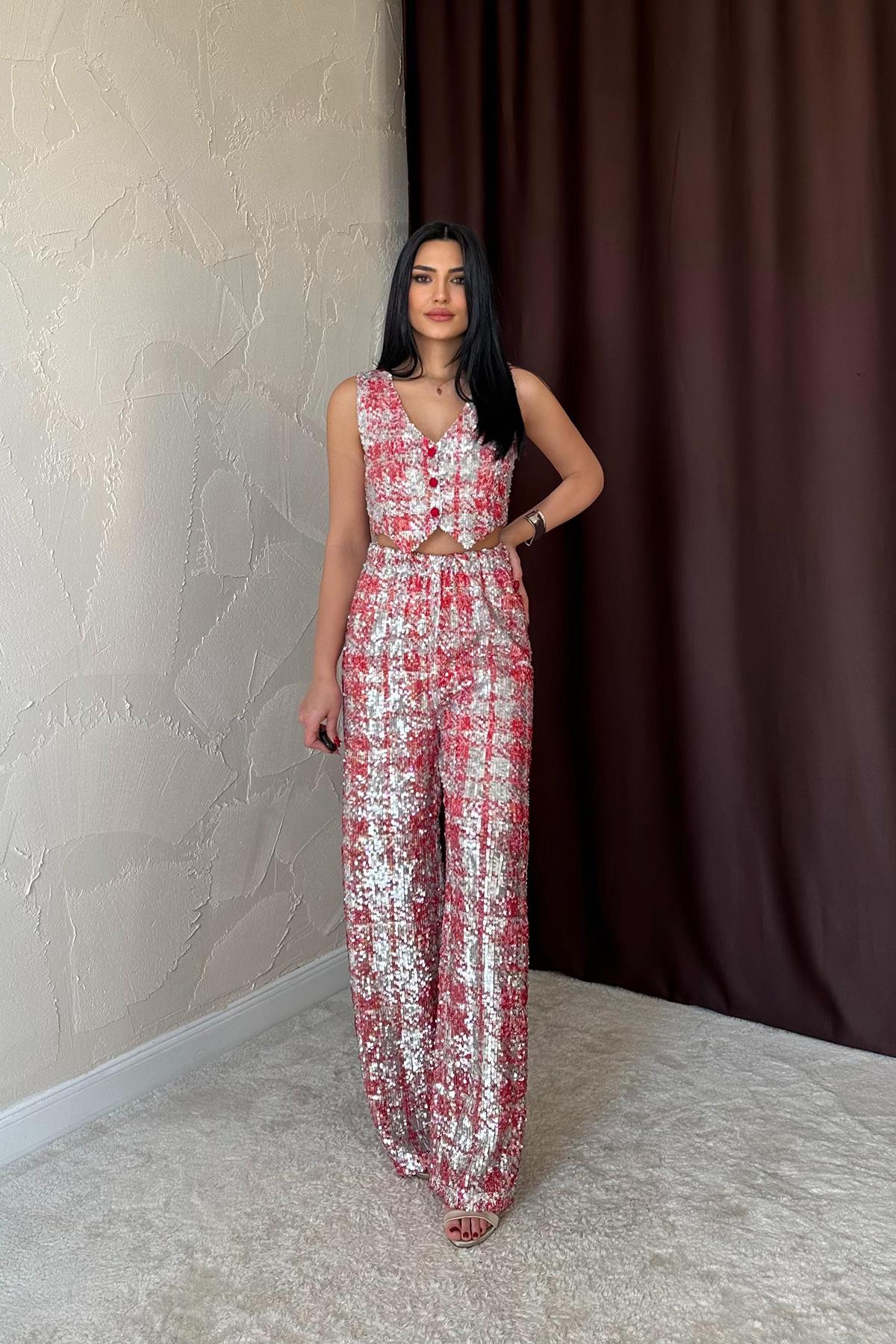 Toptan Kırmızı Pullu Yelek Ve Pantolon Takım Kırmızı L
