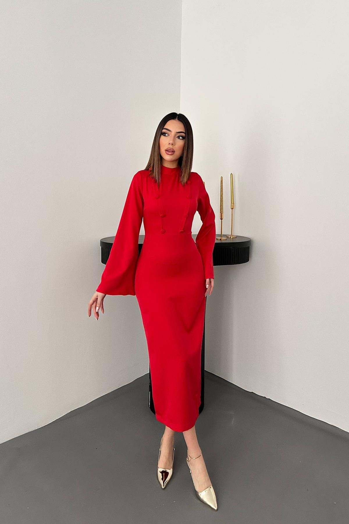 Toptan Kırmızı Tek Kollu Elbise Kırmızı L