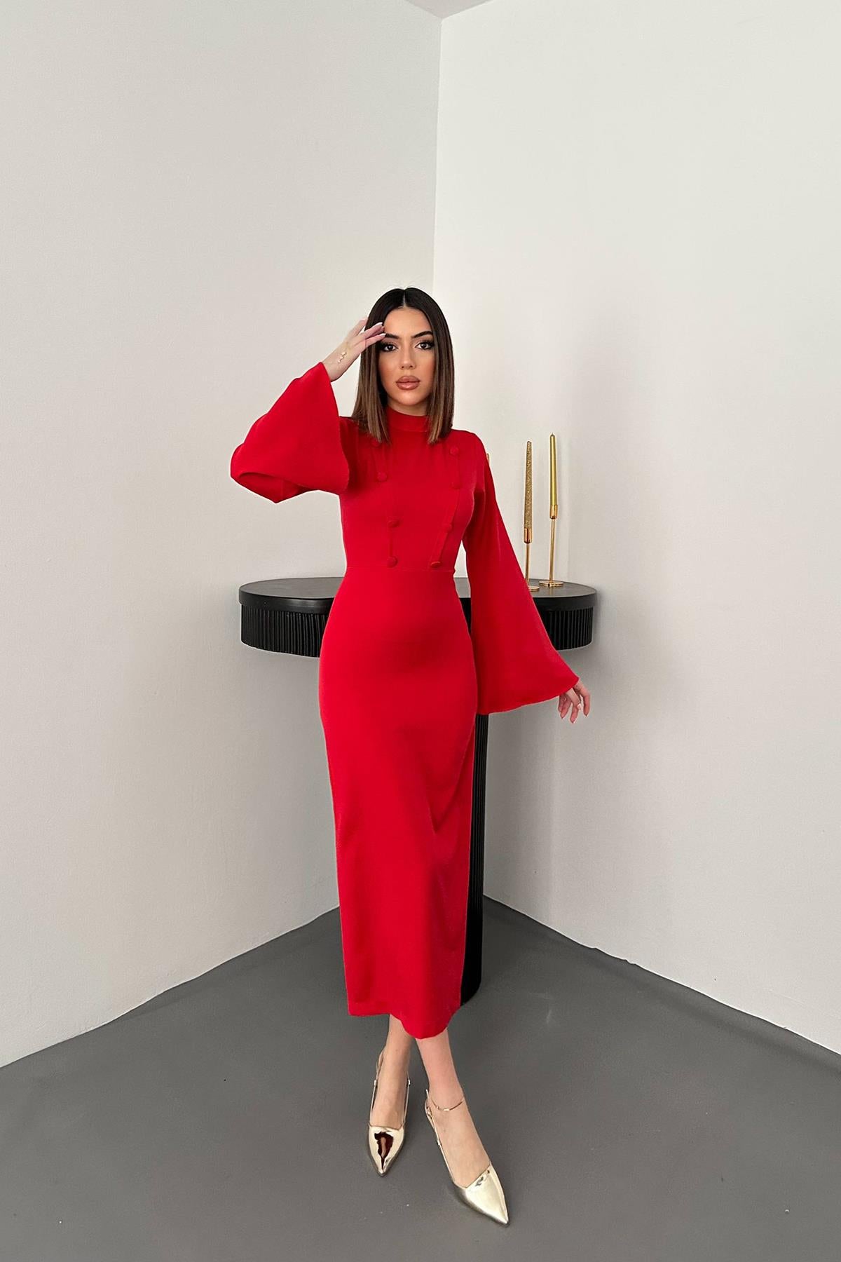 Toptan Kırmızı Tek Kollu Elbise