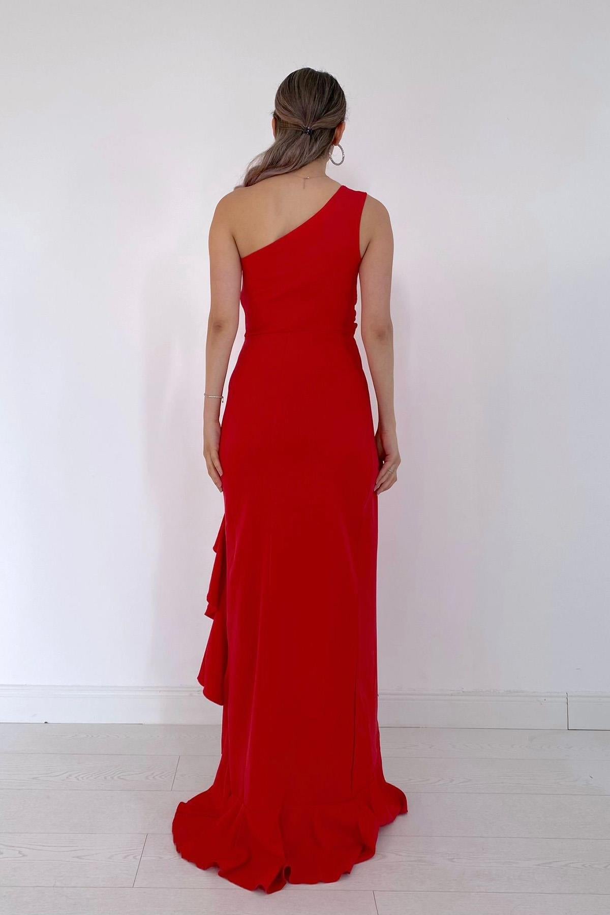 Toptan Kırmızı Yırtmaçlı Volanlı Elbise