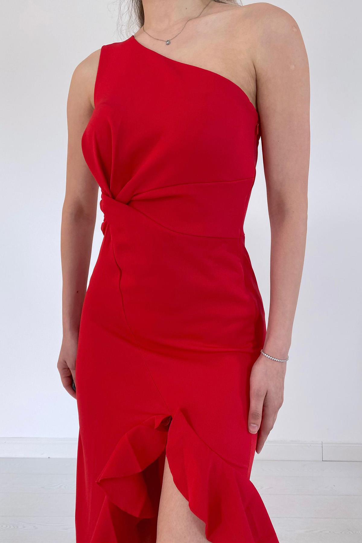 Toptan Kırmızı Yırtmaçlı Volanlı Elbise