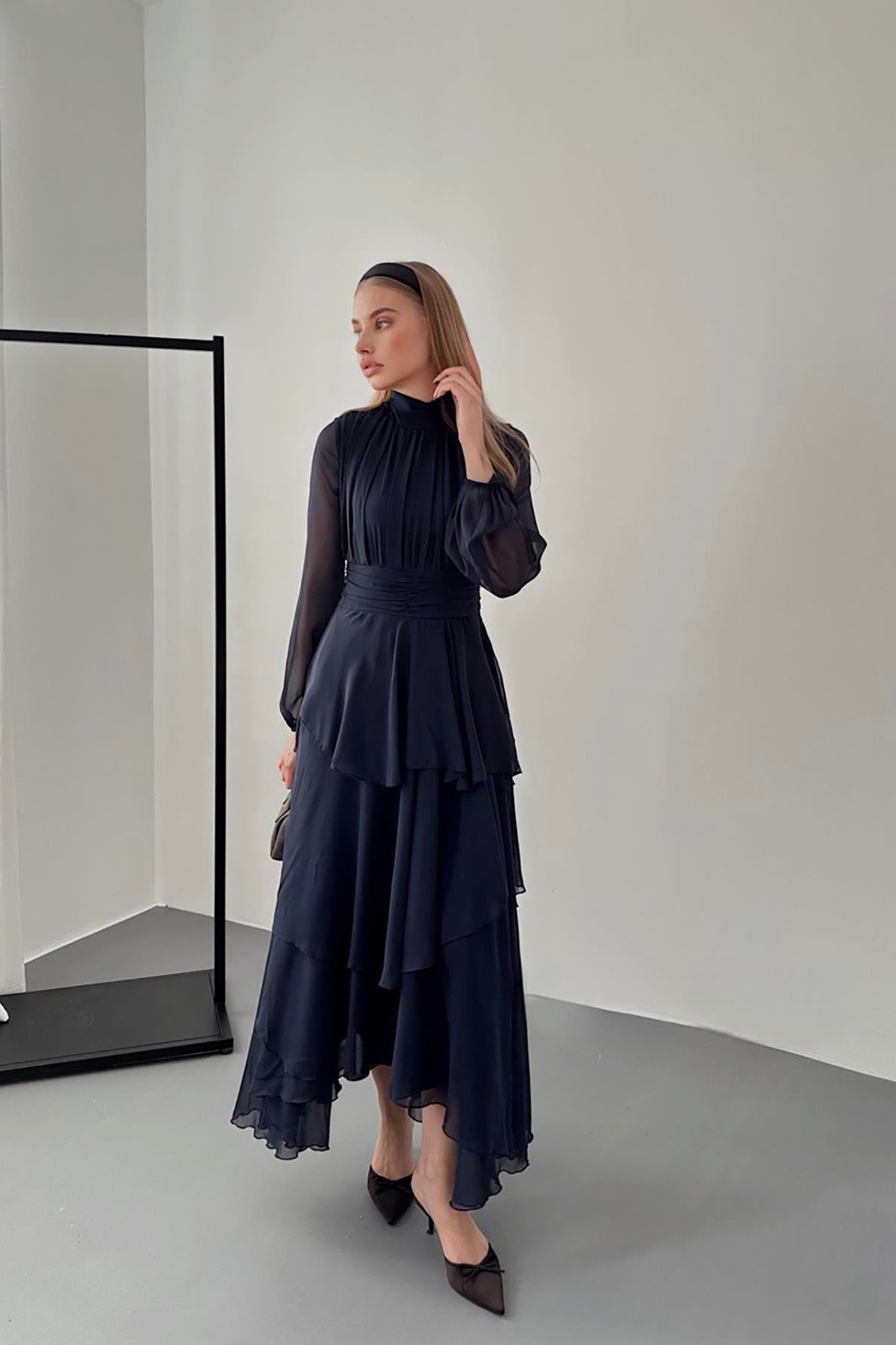 Toptan Lacivert Bel Detaylı Elbise