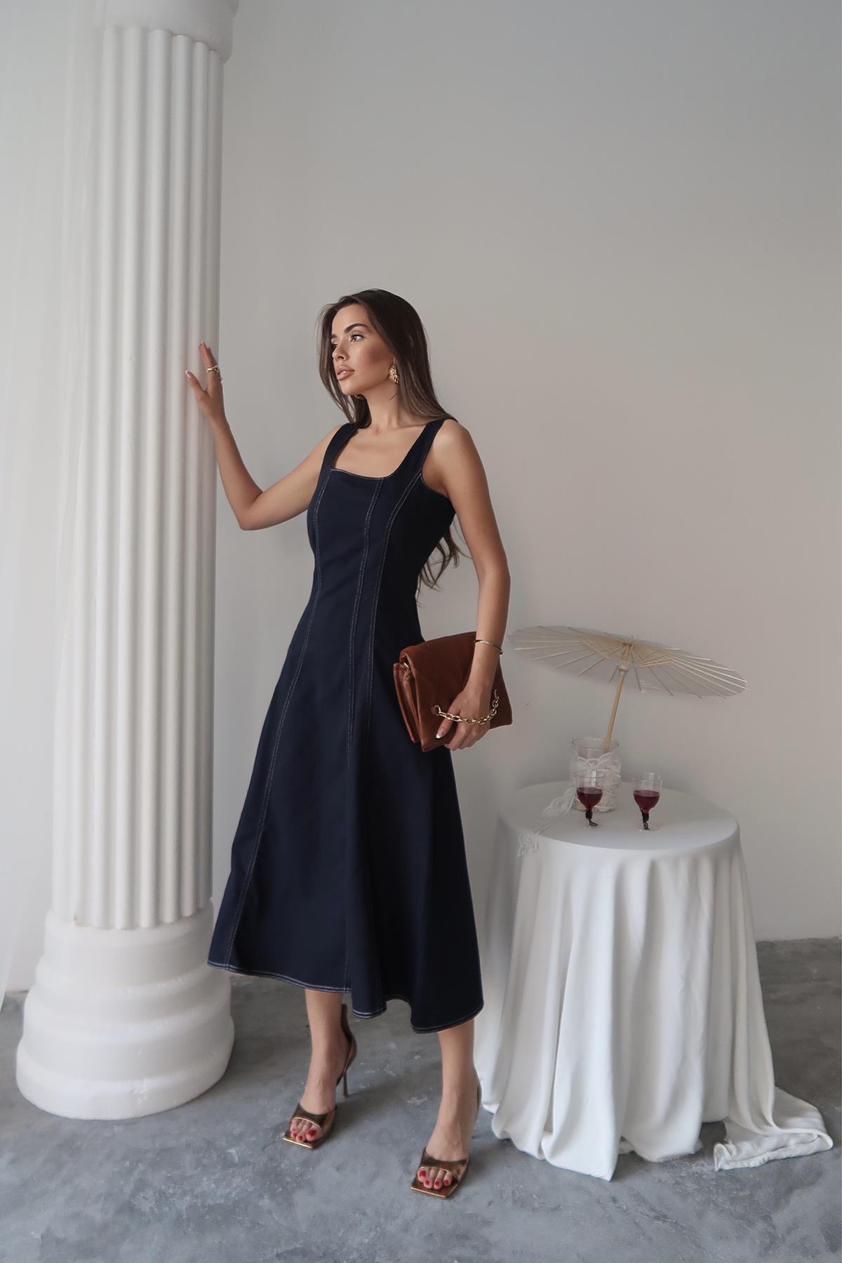 Toptan Lacivert Çift Dikişli Gabardin Elbise Lacivert M