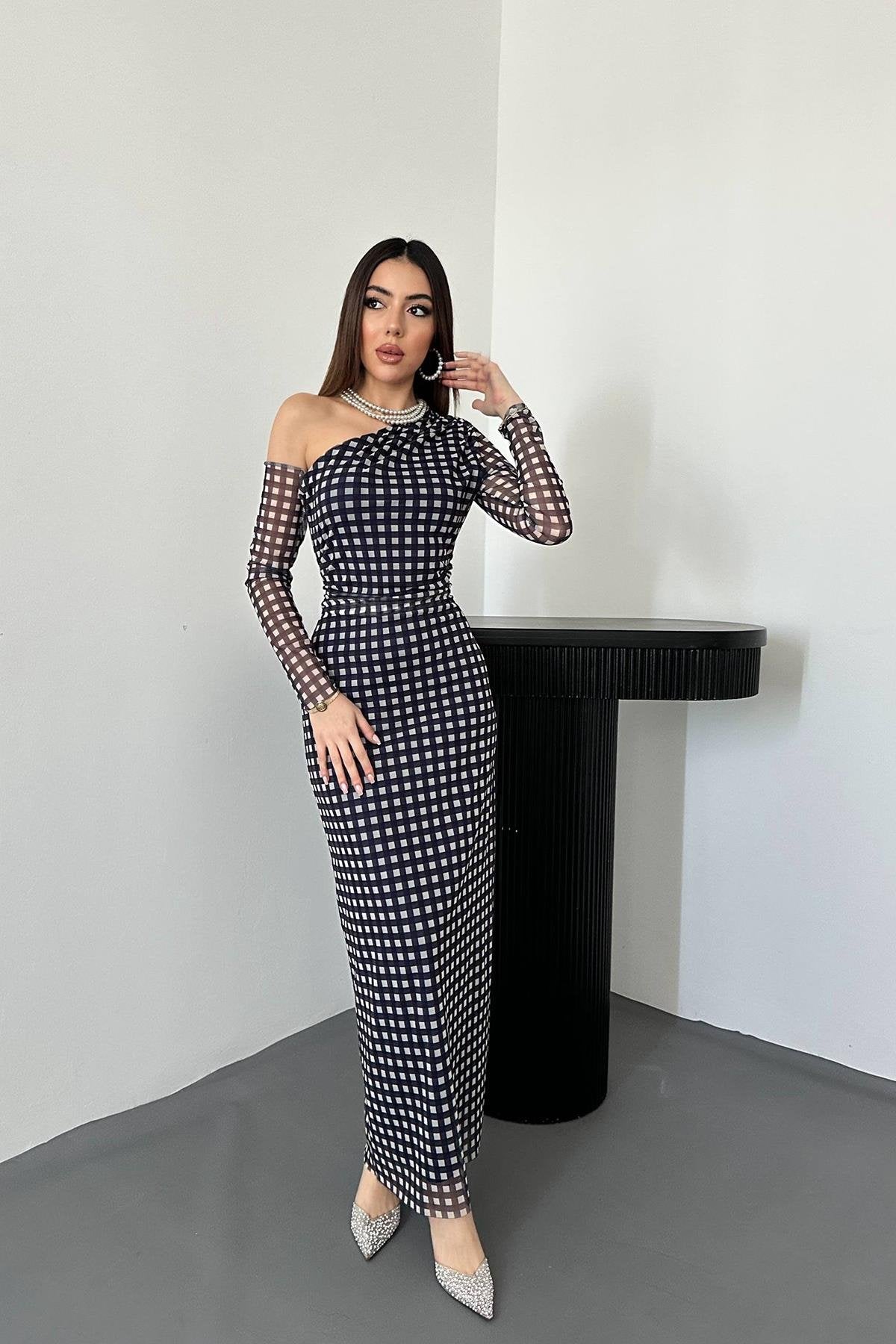 Toptan Lacivert Ekose Desen Tül Elbise Lacivert L