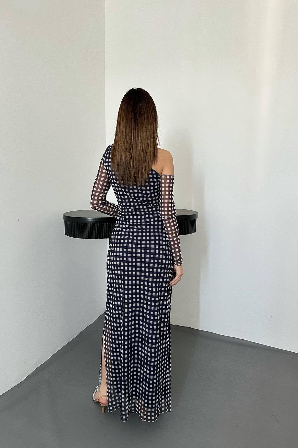 Toptan Lacivert Ekose Desen Tül Elbise