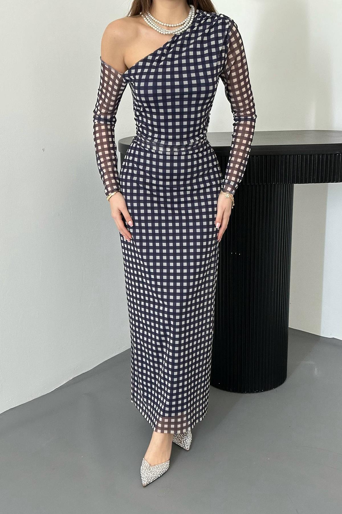 Toptan Lacivert Ekose Desen Tül Elbise