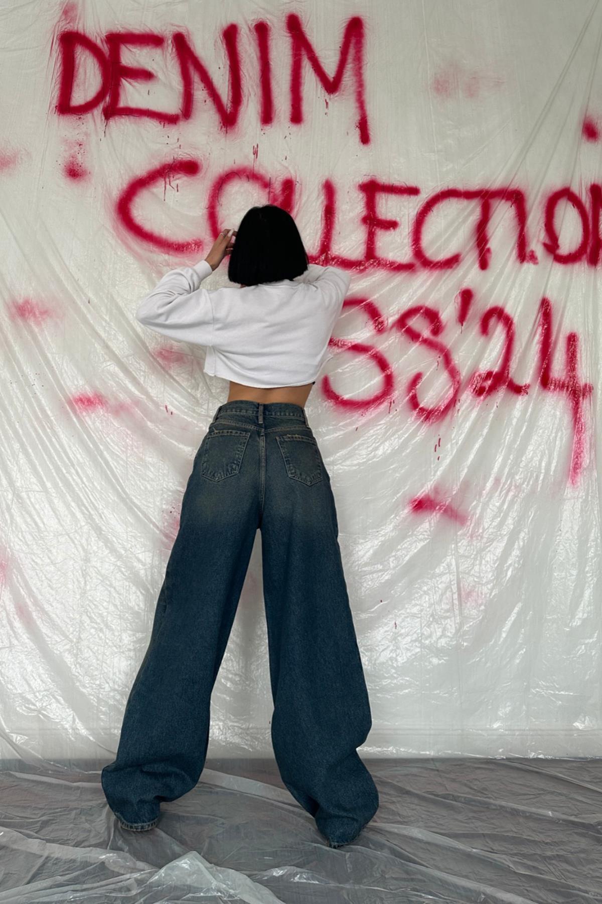 Toptan Lacivert Geniş Paça Jeans Pantolon