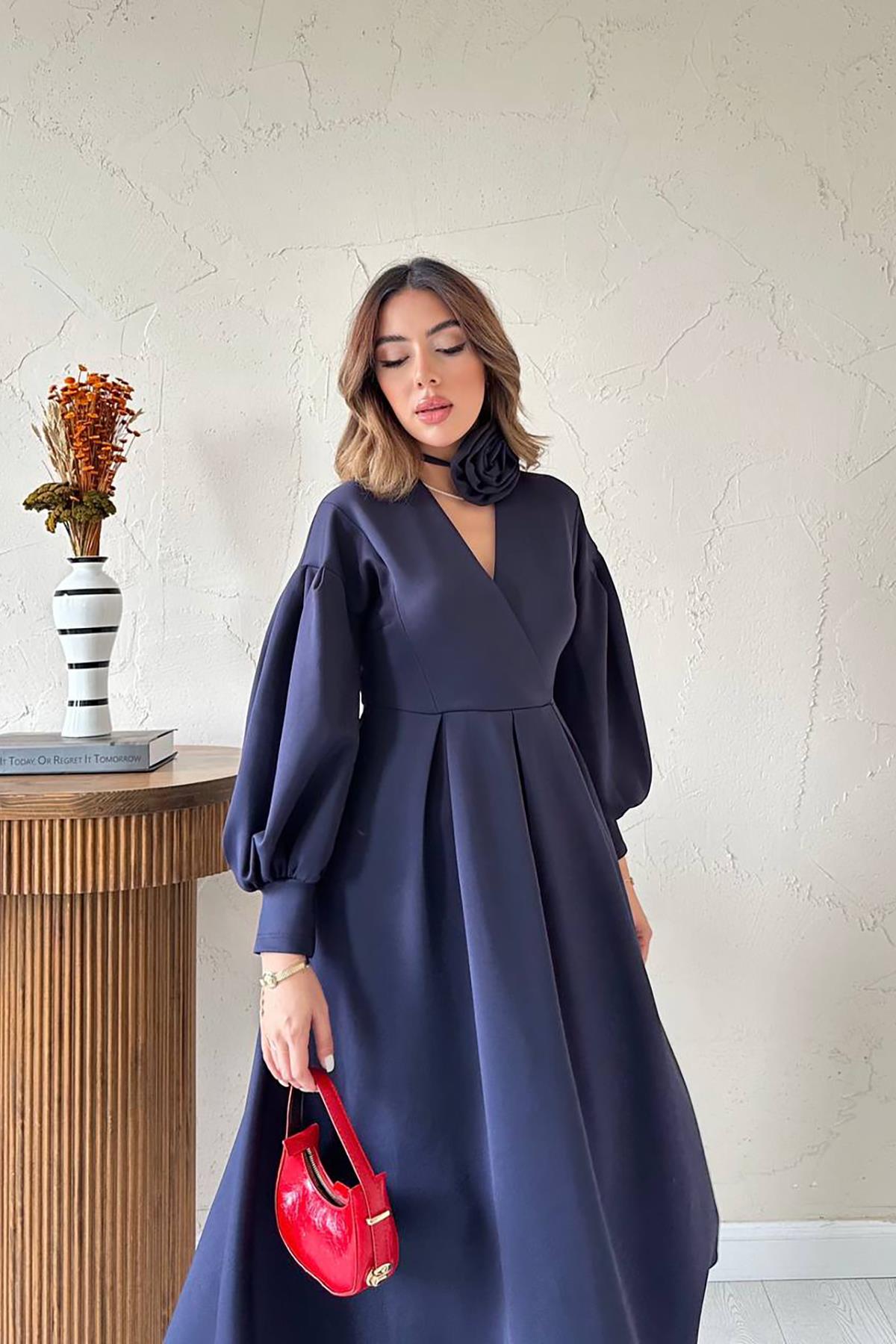 Toptan Lacivert Gül Detaylı Scuba Elbise