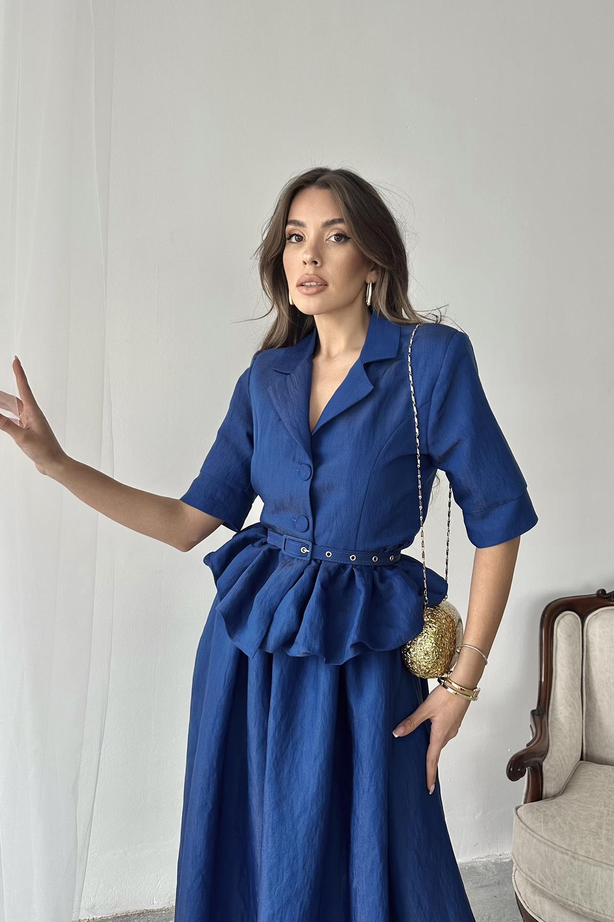 Toptan Lacivert İnce Kemerli Fırfırlı Ceket Ve Büzgülü Etek Takım