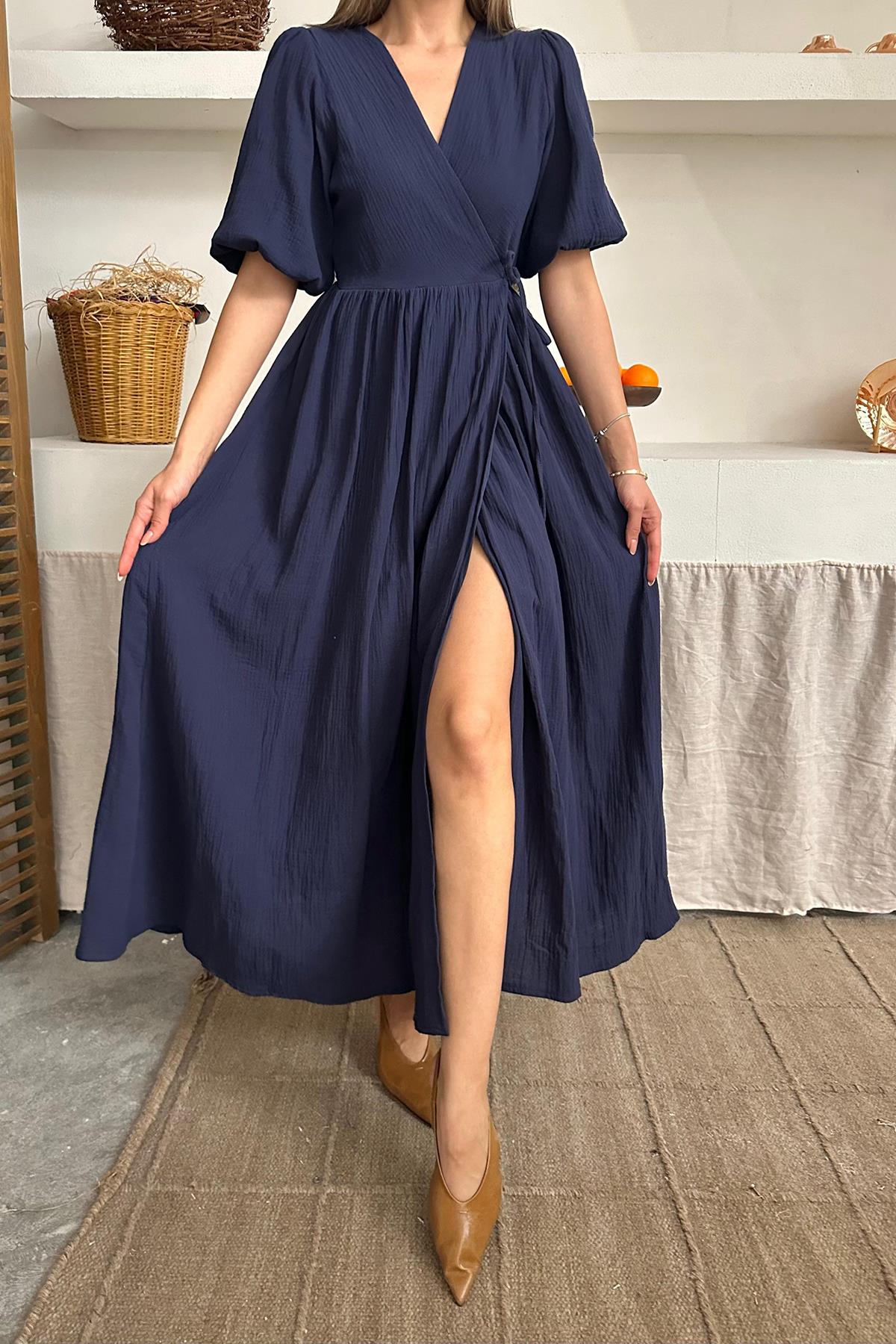 Toptan Lacivert Müslin Uzun Elbise