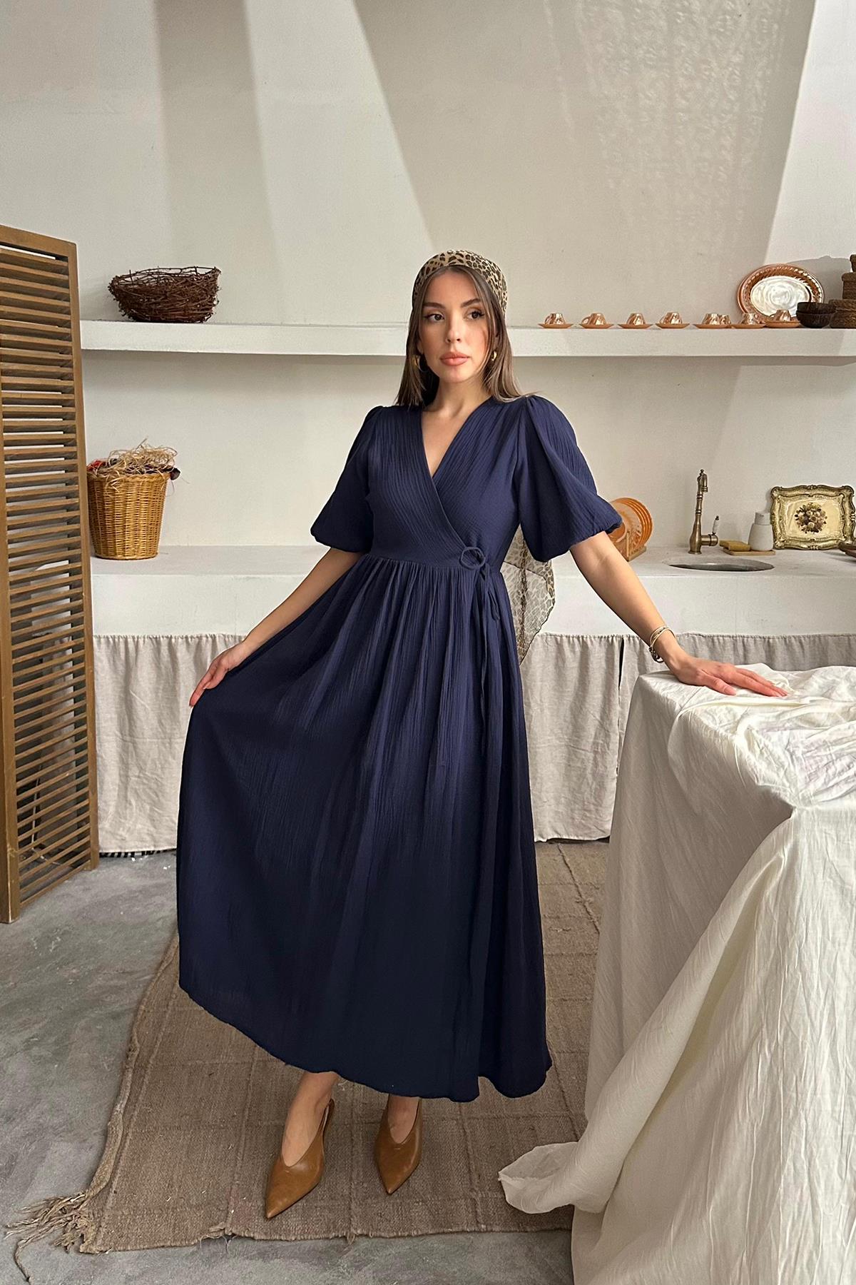 Toptan Lacivert Müslin Uzun Elbise