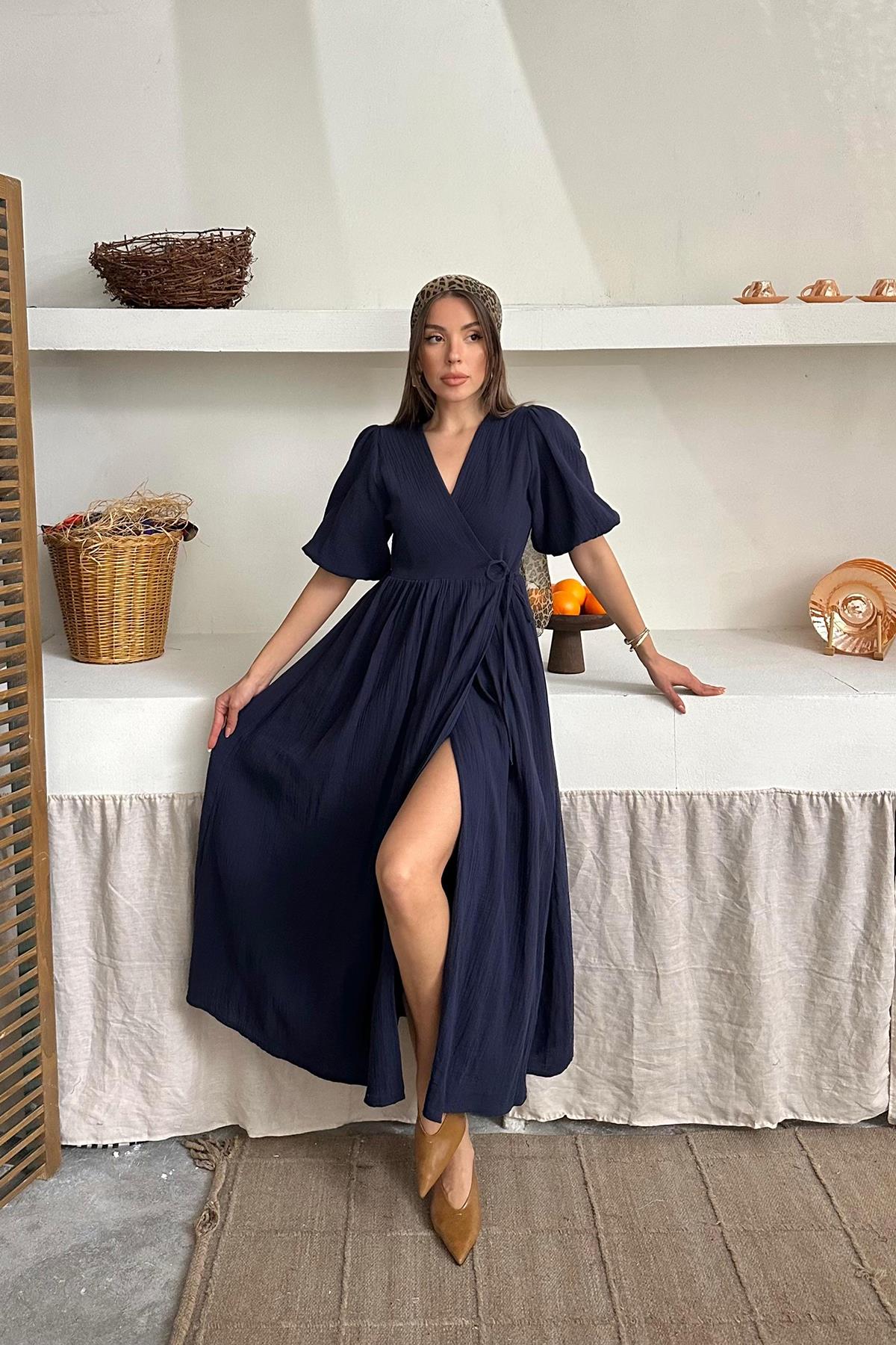 Toptan Lacivert Müslin Uzun Elbise Lacivert L