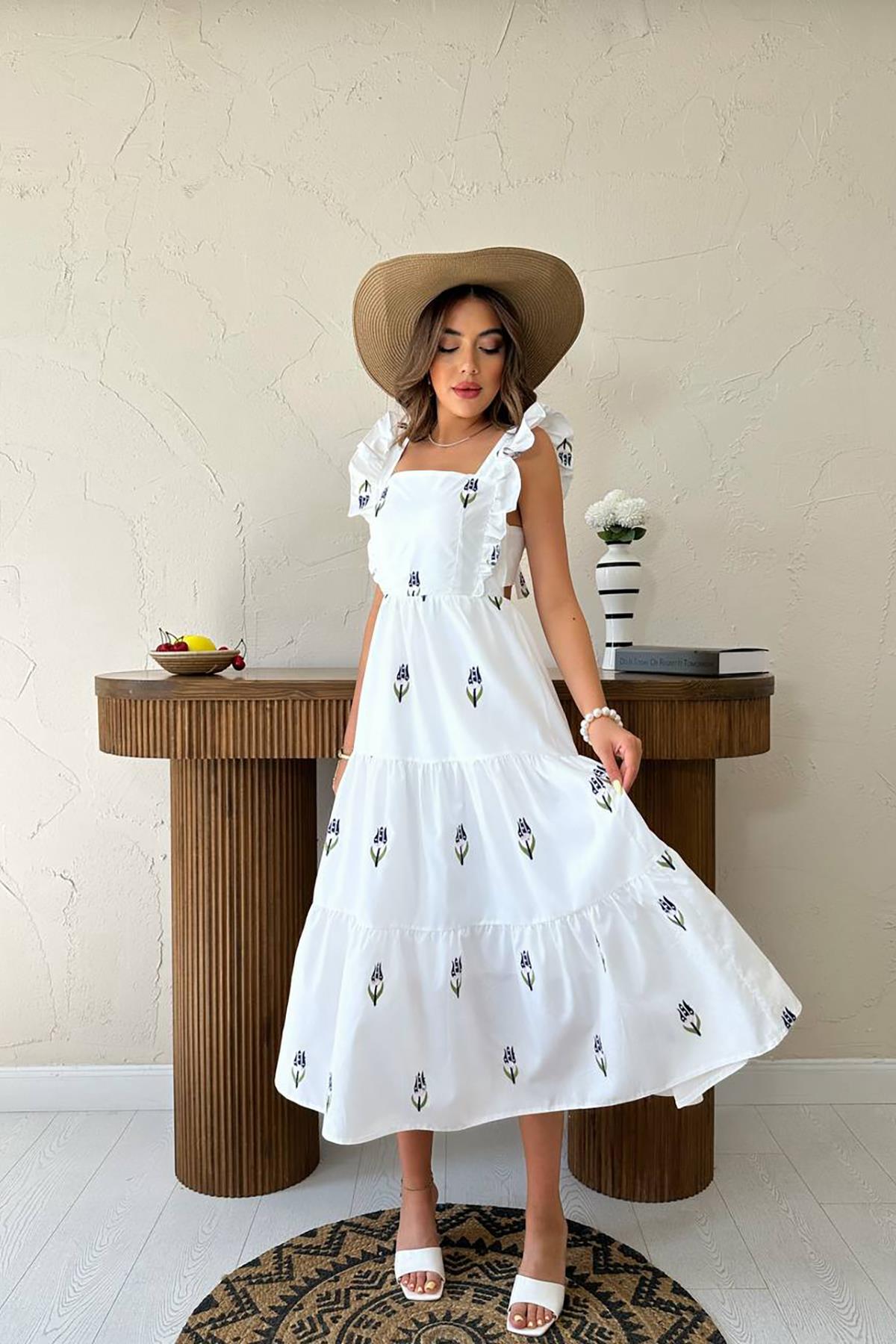 Toptan Lacivert Sıfır Kol Fırfırlı Elbise Lacivert L