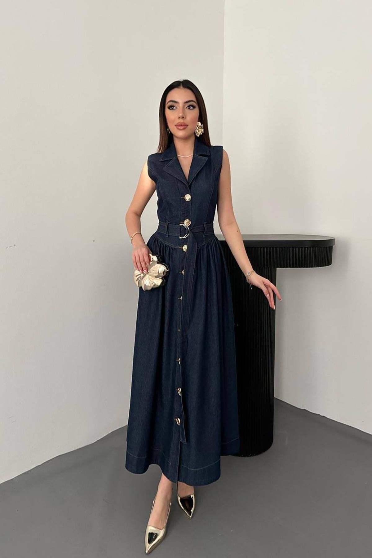Toptan Lacivert Uzun Kot Elbise Lacivert L